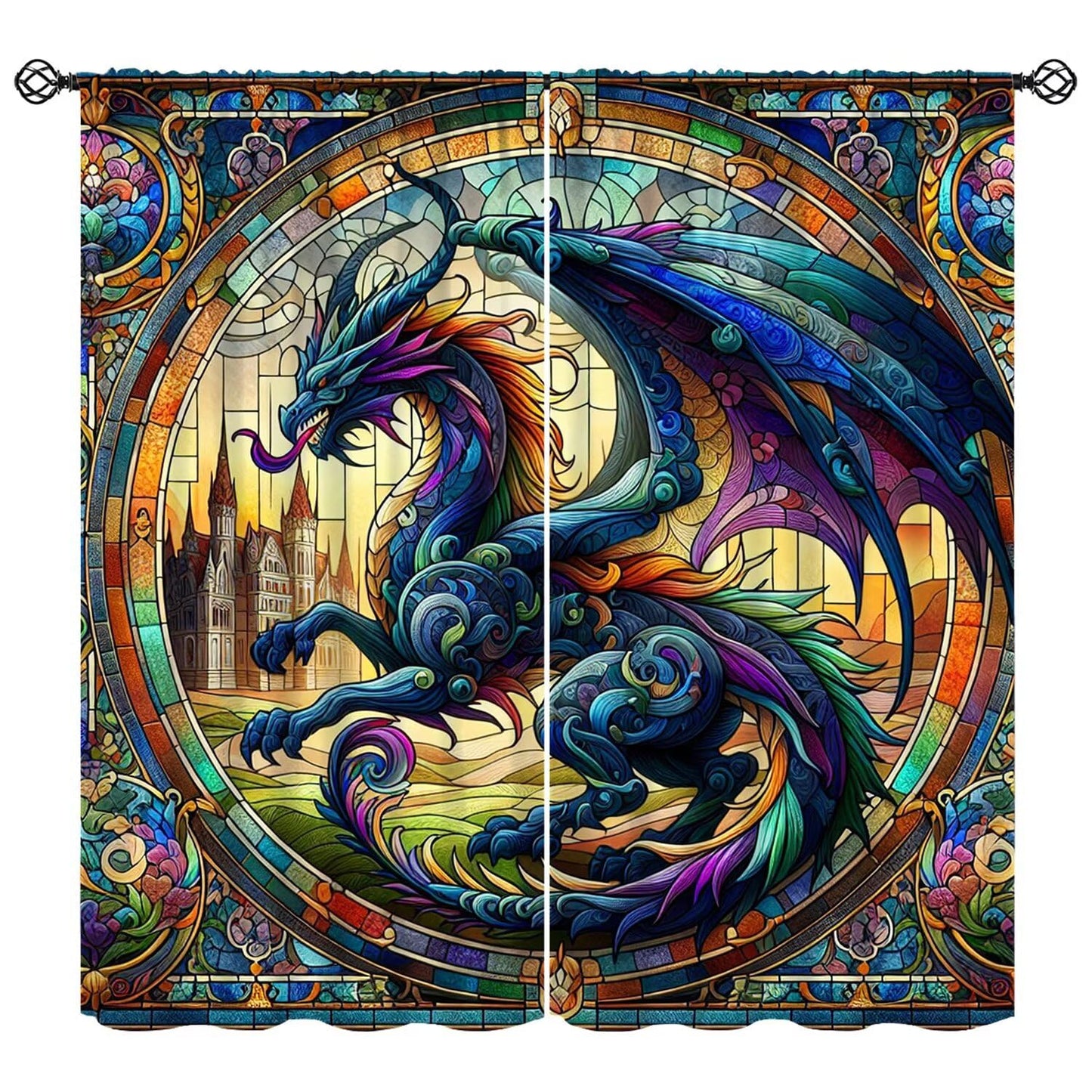 FengMingRui Stained Glass Dragon Curtains for Kids Abstract Geometry Western Dragon Window Treatments for Boys Girls Bedroom Living Room Window Drapes 42" W X 45" L