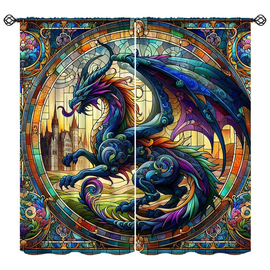 FengMingRui Stained Glass Dragon Curtains for Kids Abstract Geometry Western Dragon Window Treatments for Boys Girls Bedroom Living Room Window Drapes 42" W X 45" L