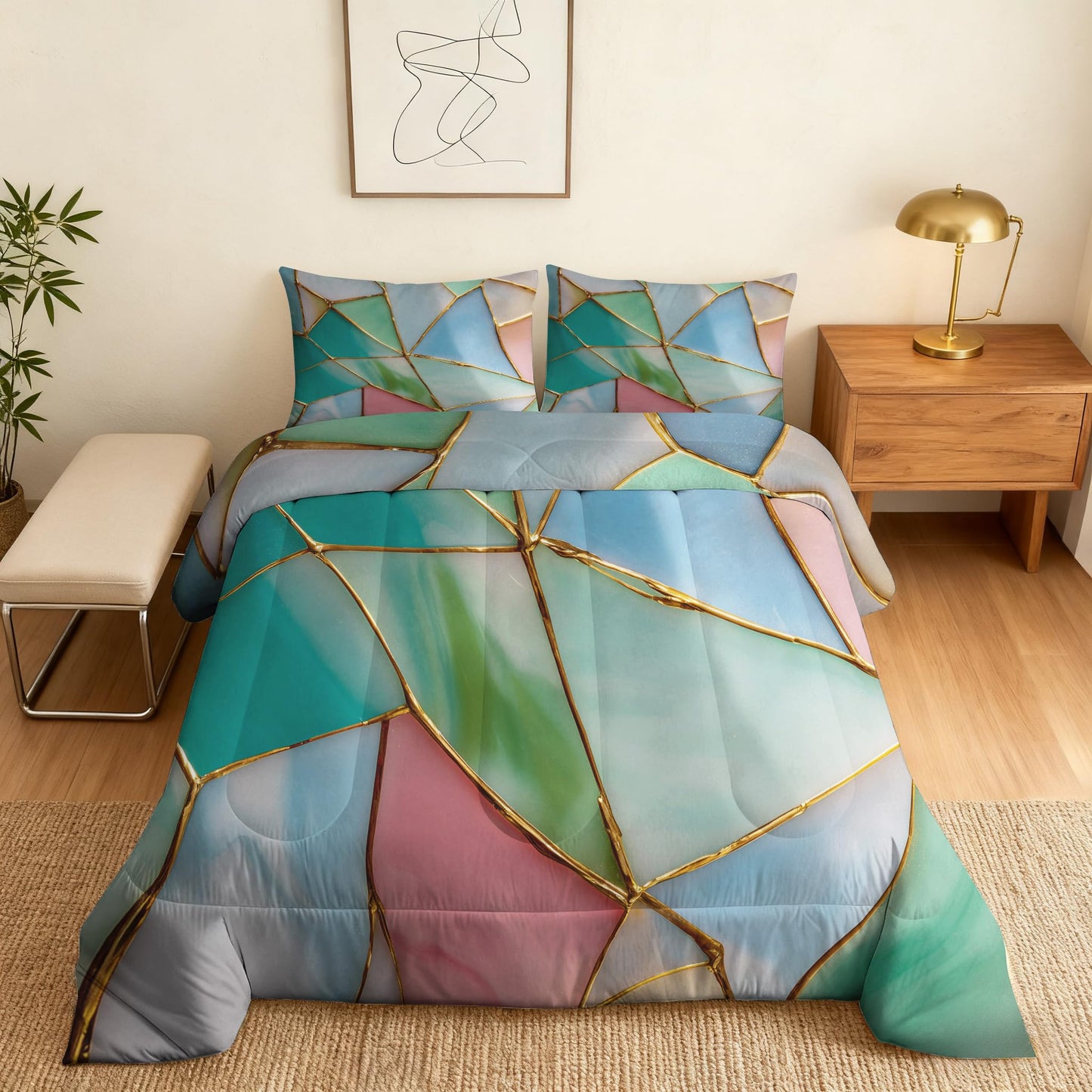 Flumoxa Stained Glass Comforter Set Full, Blue Green Marble Comforter Down Alternative All Season Bedding, Stained Glass Bed Sets Full Size with Pillowcase, Bedroom Decor