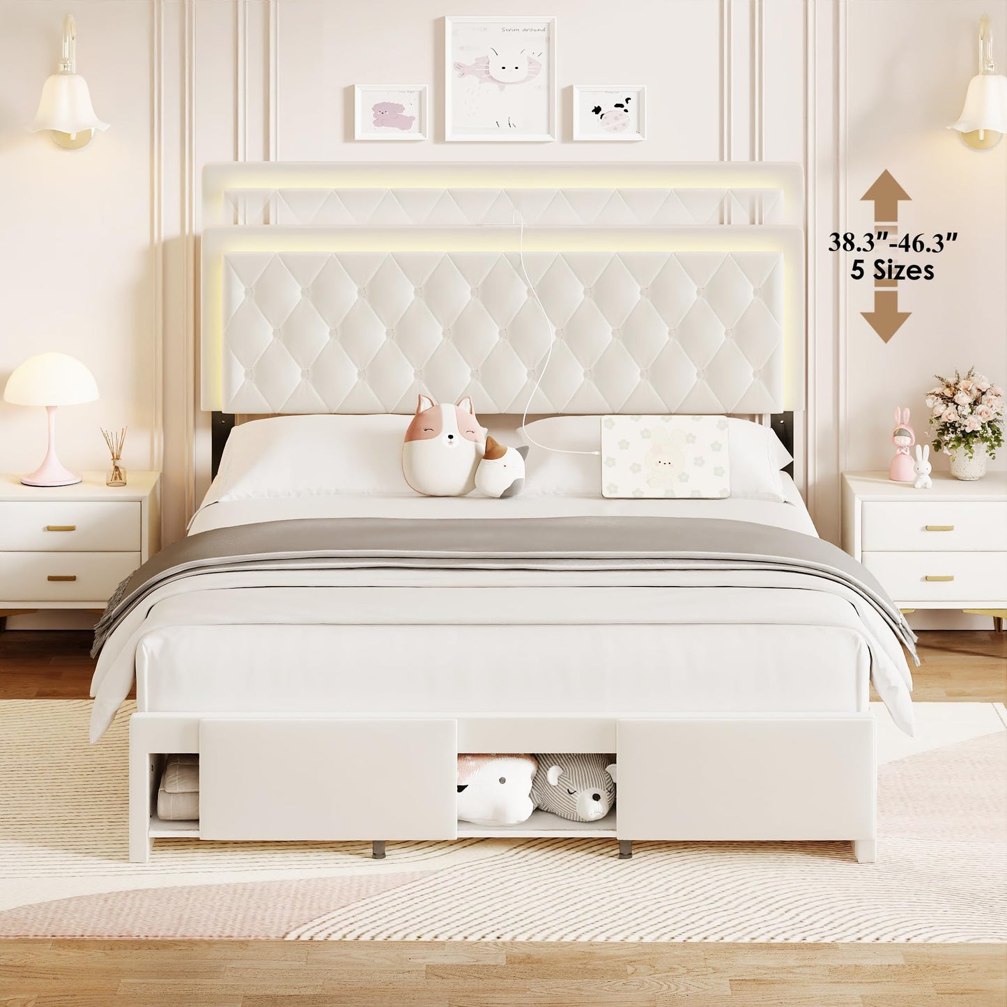 MARMONS Queen Bed Frame with Button Tufted Headboard, Queen Size Upholstered Platform Bed Frame with LED Lights/Charging Station/Footboard Storage, Wooden Slats, No Box Spring Needed, White