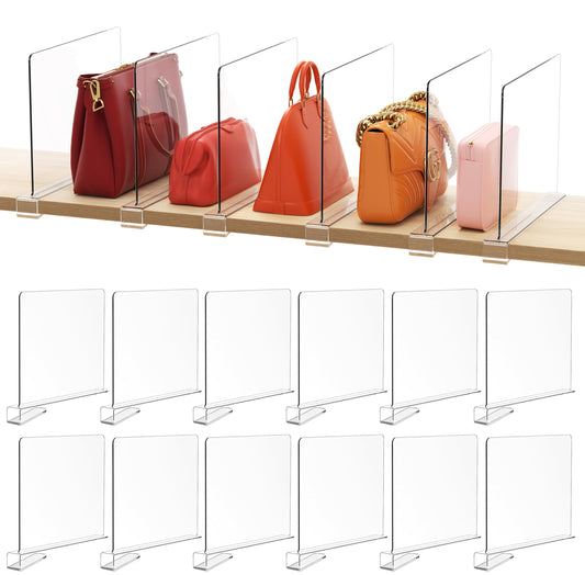 HBlife 12 Pack Clear Shelf Dividers, Vertical Purse Organizer for Closet Perfect for Sweater, Shirts, Handbags in Bedroom and Kitchen, Adjustable Acrylic Bookshelf for Organization