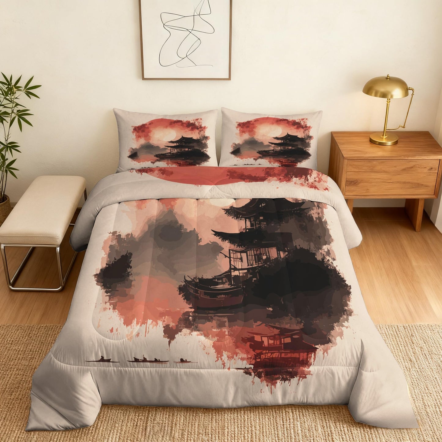 ZDABAOEC Japanese Twin Comforter Set 2 Piece, 1 Pillow Sham, Oriental Asian Chinese Style Ink Art Reversible Down Alternative All Season Bedding, Soft Microfiber, Japanese Bedroom Decor