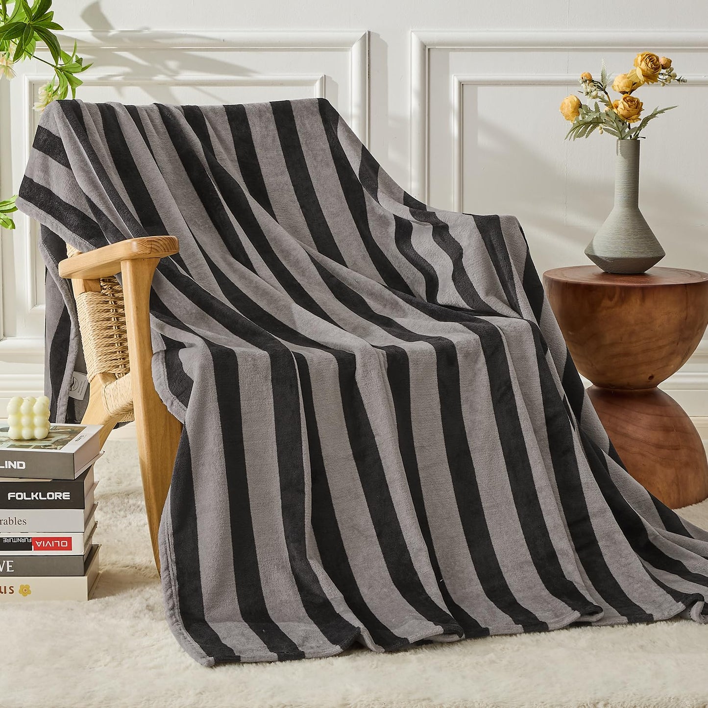 FY FIBER HOUSE Striped Flannel Throw Blanket - Soft Cozy Striped Blanket for Couch, Sofa, or Bed - 50"x60", Black Grey, All Season Use