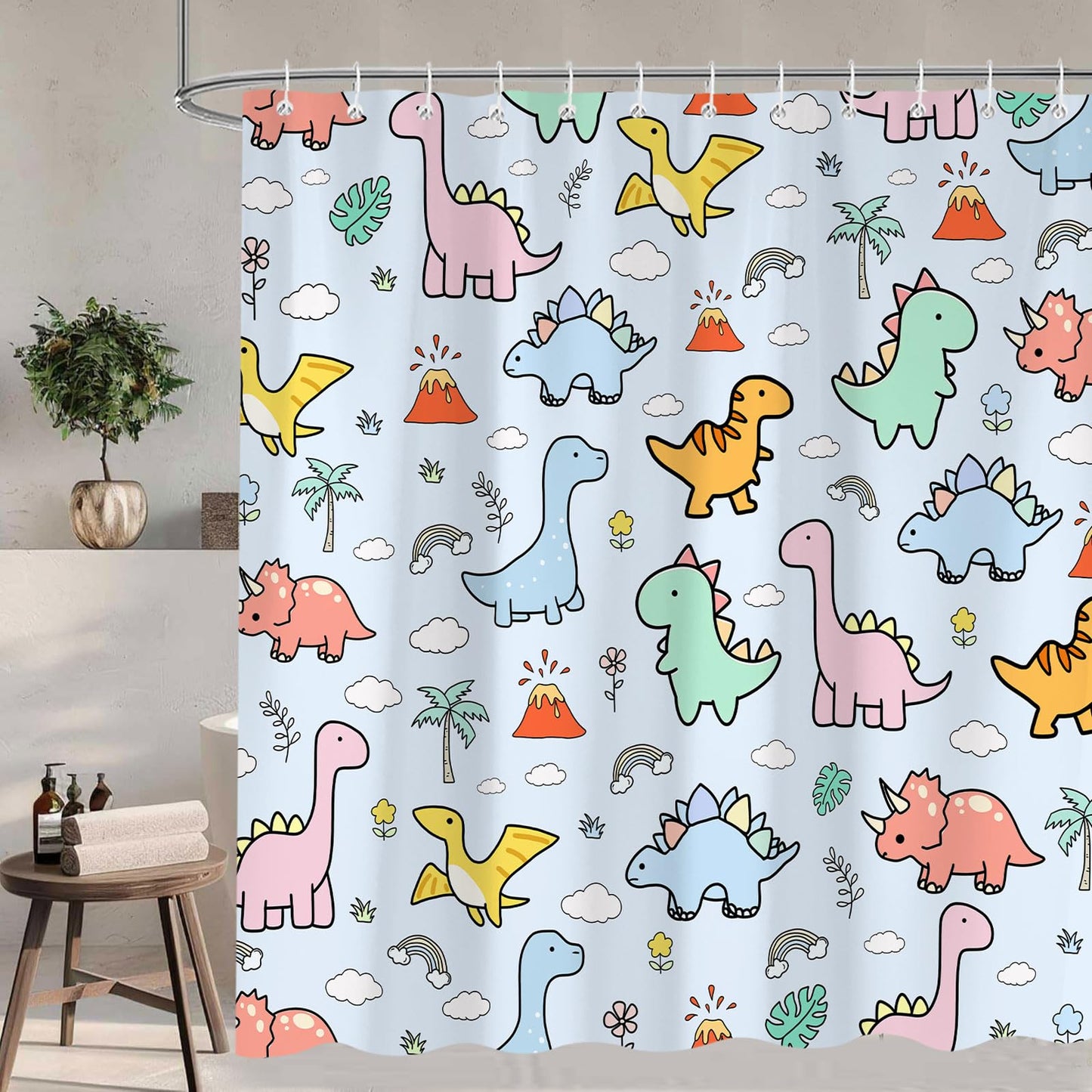 Pyrence Cartoon Dinosaur Shower Curtain, Funny Kids Theme Dino Shower Curtains for Bathroom, Cute Rainbows Clouds Volcanoes Palm Trees Decor Polyester Fabric Shower Curtain Sets 12 Hooks 72X72 in