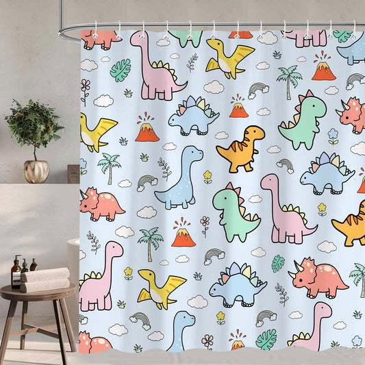 Pyrence Cartoon Dinosaur Shower Curtain, Funny Kids Theme Dino Shower Curtains for Bathroom, Cute Rainbows Clouds Volcanoes Palm Trees Decor Polyester Fabric Shower Curtain Sets 12 Hooks 72X72 in
