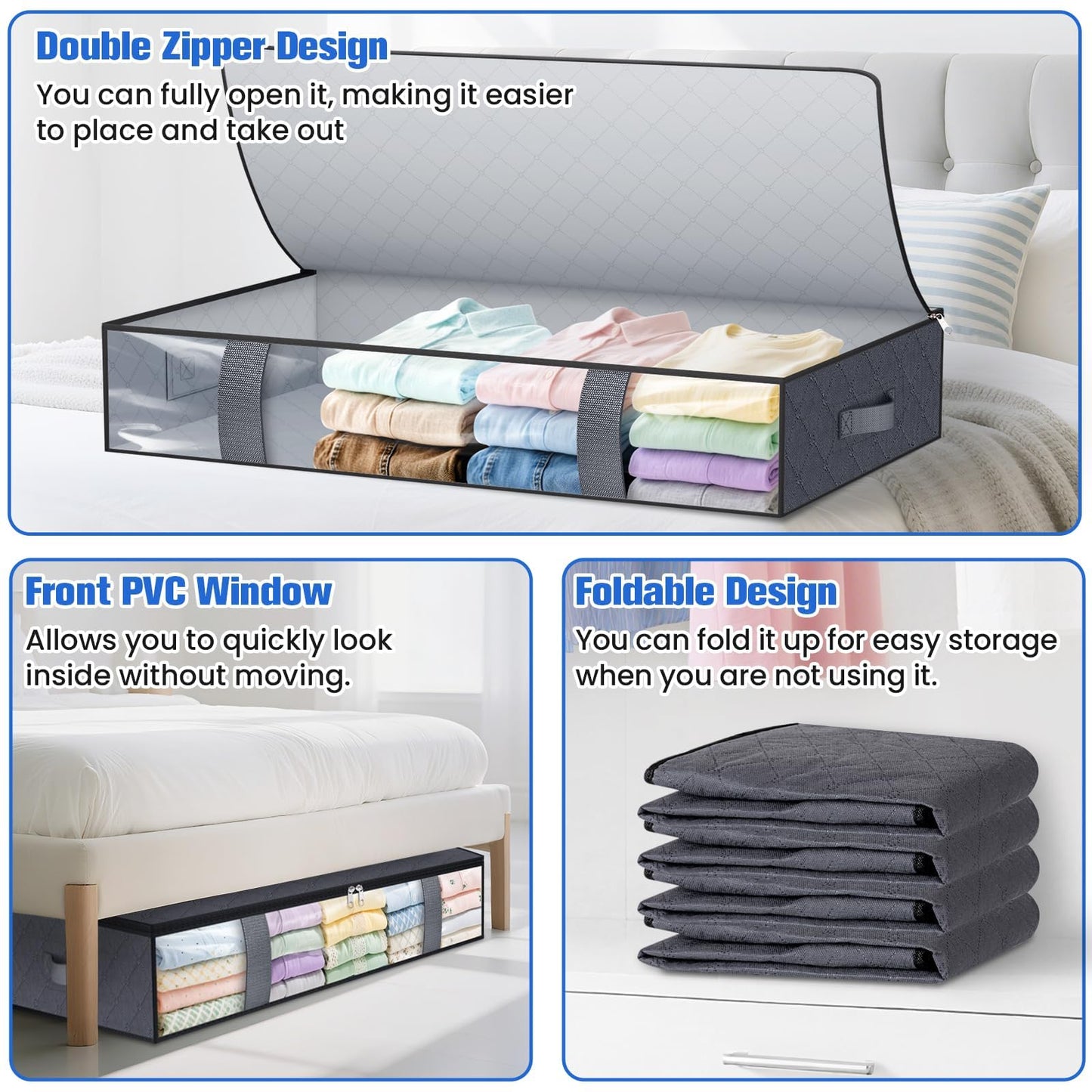 TasticTotes Under Bed Storage Containers, 4 Pack Blanket Storage Bags, Collapsible Storage Bags with Big Zippers, Clear Front, Shoe Storage and Organization for Clothes, Comforter, 90L, Grey