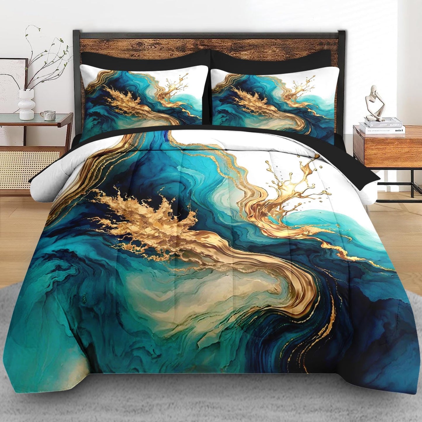 Pamnest Comforter Set Queen Size, Mint Green Marble Gold 7 Pcs Bedding for Kids and Adults, Teal Turquoise Blue Bed Sheet Sets with Fitted Sheet 2 Pillowcase & 2 Sham for Bedroom Bed Decor