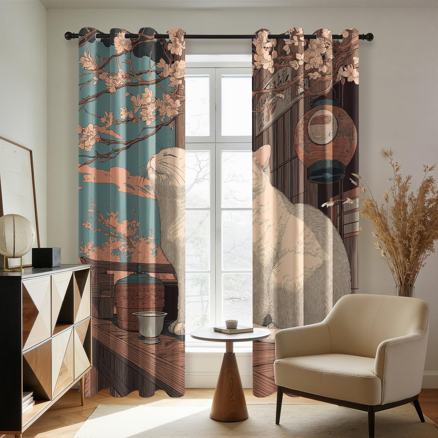 Solvivae Cat Blackout Curtains 63 Inch Length, Japanese Cat Curtains for Bedroom Living Room, Room Darkening Thermal Insulated Grommet Drapes, Patterned Window Treatments