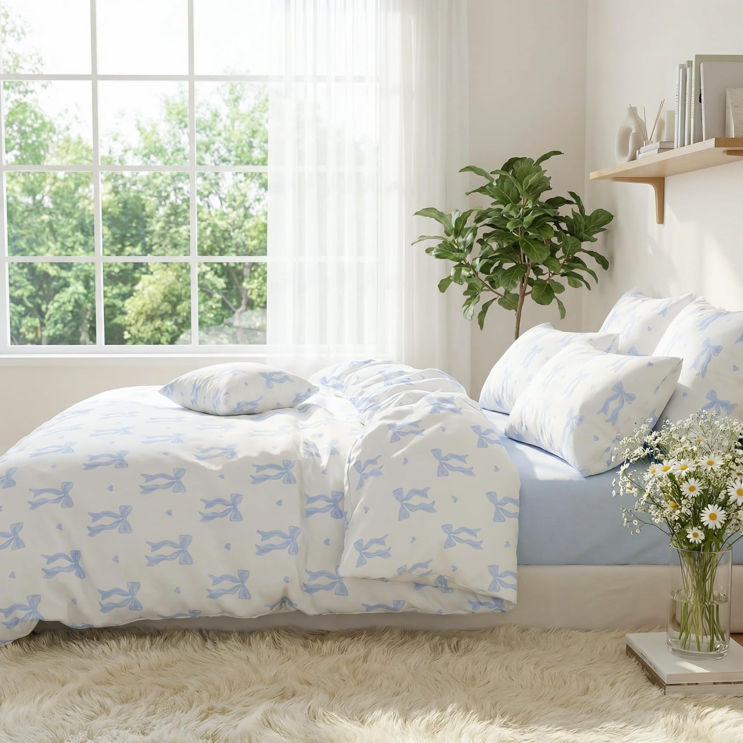 Sedefen Blue Bow Duvet Cover, 3 Pieces Cute Heart Pattern Bedding Set, Reversible Coquette Aesthetic Bowknot Love Printed Duvet Cover Set for Girls Bedroom, All Season