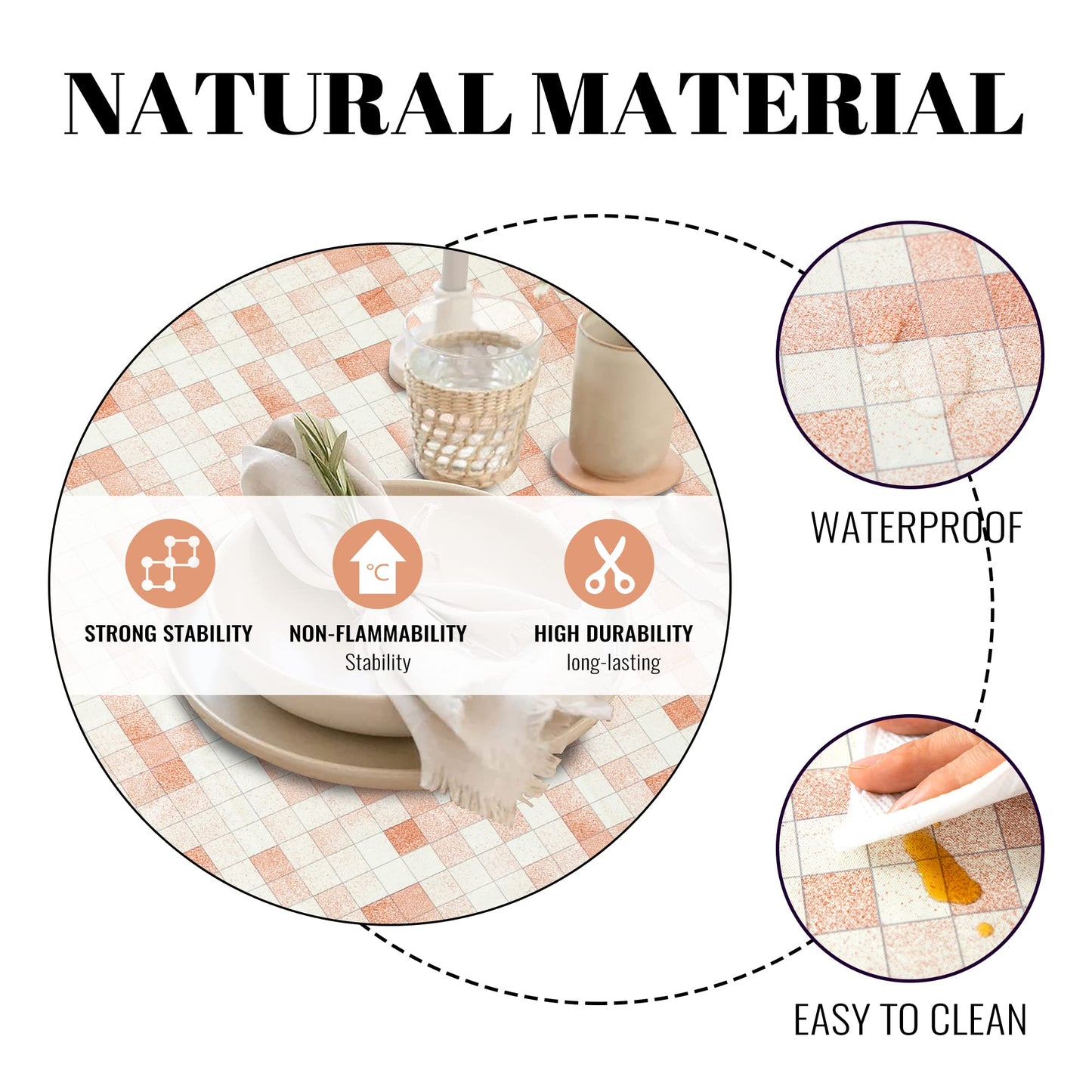 FIFTY FEET 70X52 Inch Rectangle Tablecloth, Vinyl Tablecloth with Flannel Backing Waterproof Table Cloth, Spill Proof Picnic Table Cover for Outdoor/Indoor/Camping/Dining(Beige Plaid)