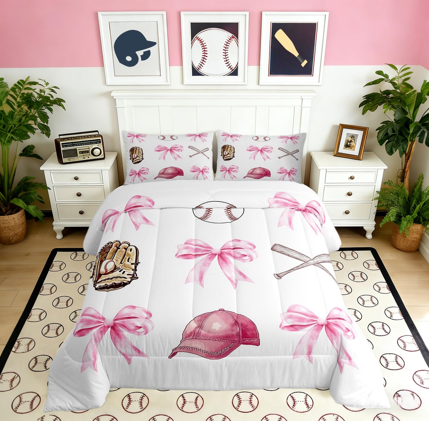 Castle Fairy Baseball Girls Full Bedding Set,Pink Bow Sport Lover Comforter Bed Set Teens Women Bedroom Decor,Cartoon Ball Hat Glove Quilt Set 3 PCS,Pink White Kids Duvet Insert,2 Pillow Cases