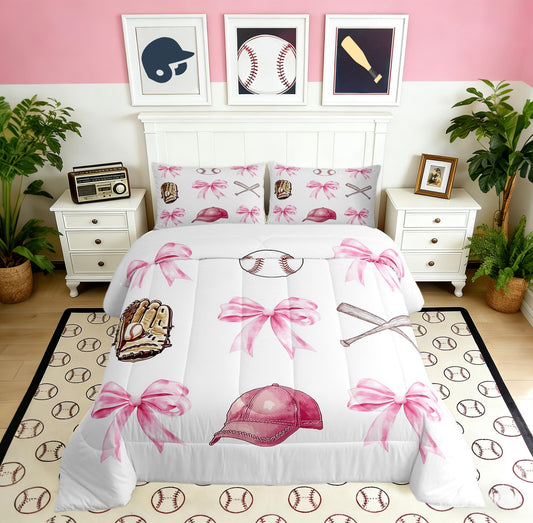 Castle Fairy Baseball Girls Full Bedding Set,Pink Bow Sport Lover Comforter Bed Set Teens Women Bedroom Decor,Cartoon Ball Hat Glove Quilt Set 3 PCS,Pink White Kids Duvet Insert,2 Pillow Cases