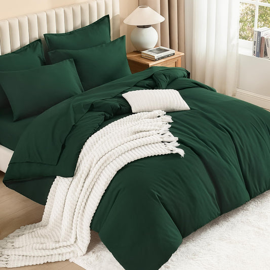Litanika Queen Comforter Set Dark Emerald Green - 7 Pieces Bed in a Bag Queen Bedding Comforter Sets, Solid Lightweight Bed Set with Comforter, Sheets, Pillowcases & Shams