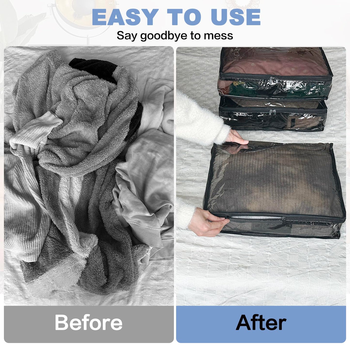 Heonay Clear Zippered Storage Bags Plastic Sweater Storage Bags with Zipper 6 Packs Clothing Organizer for Blankets Linen Sweater Bed Sheet Quilt Clothes Pillow (15.7 x 13.8 x 3.9 Inch, Black)