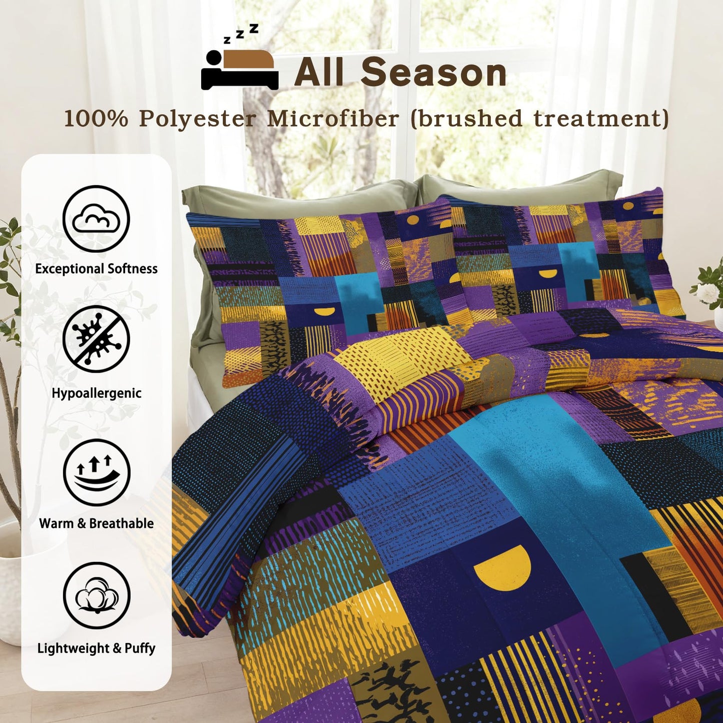 ZDABAOEC Patchwork Boho Queen Comforter Set 3 Piece, 2 Pillow Shams, Mid Century Modern Geometric Reversible Down Alternative All Season Bedding, Soft Microfiber, Boho Bedroom Decor
