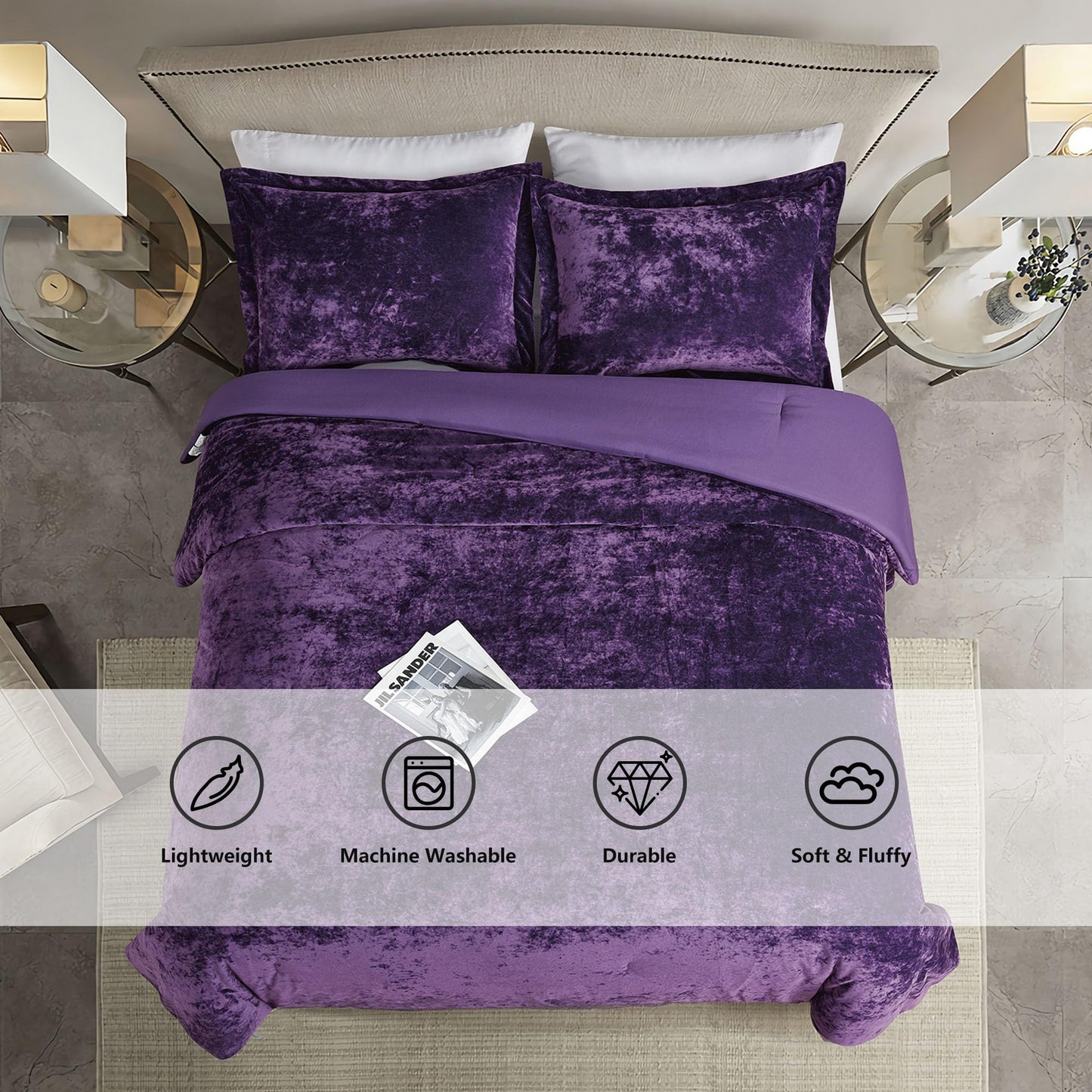 HUMESIIL Luxury Velvet King Comforter Set, 3 Pieces Reversible Comforters King Size with 2 Pillow Shams, Brushed Solid Microfiber Back, All Season Cozy, Soft, Warm, Lightweight (Purple, 104x90 Inch)