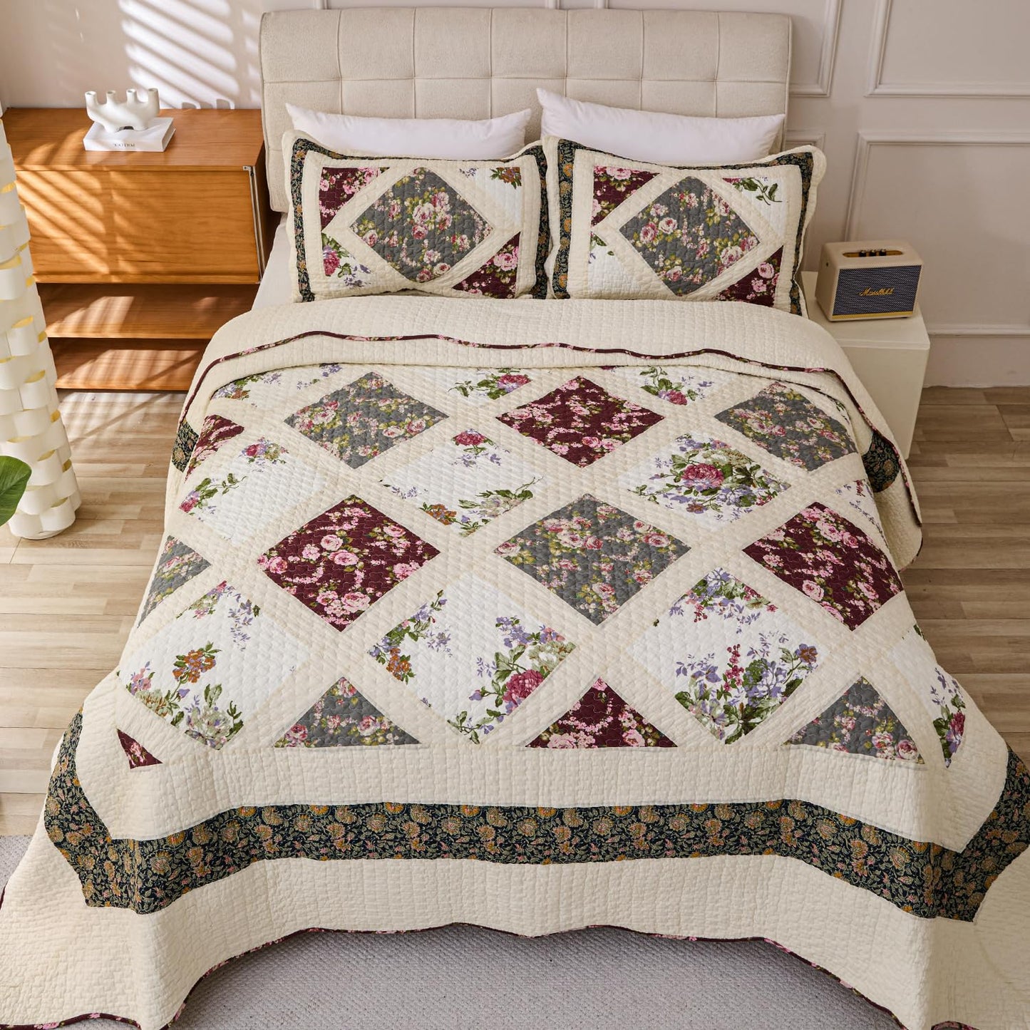 Cmfshape Floral Quilt Sets Bedspread Set 100% Cotton Patchwork Bedding Set,All Season Use Lightweight Reversible Coverlet Quilts with 2 Pillow Shams(Queen 92"x96")