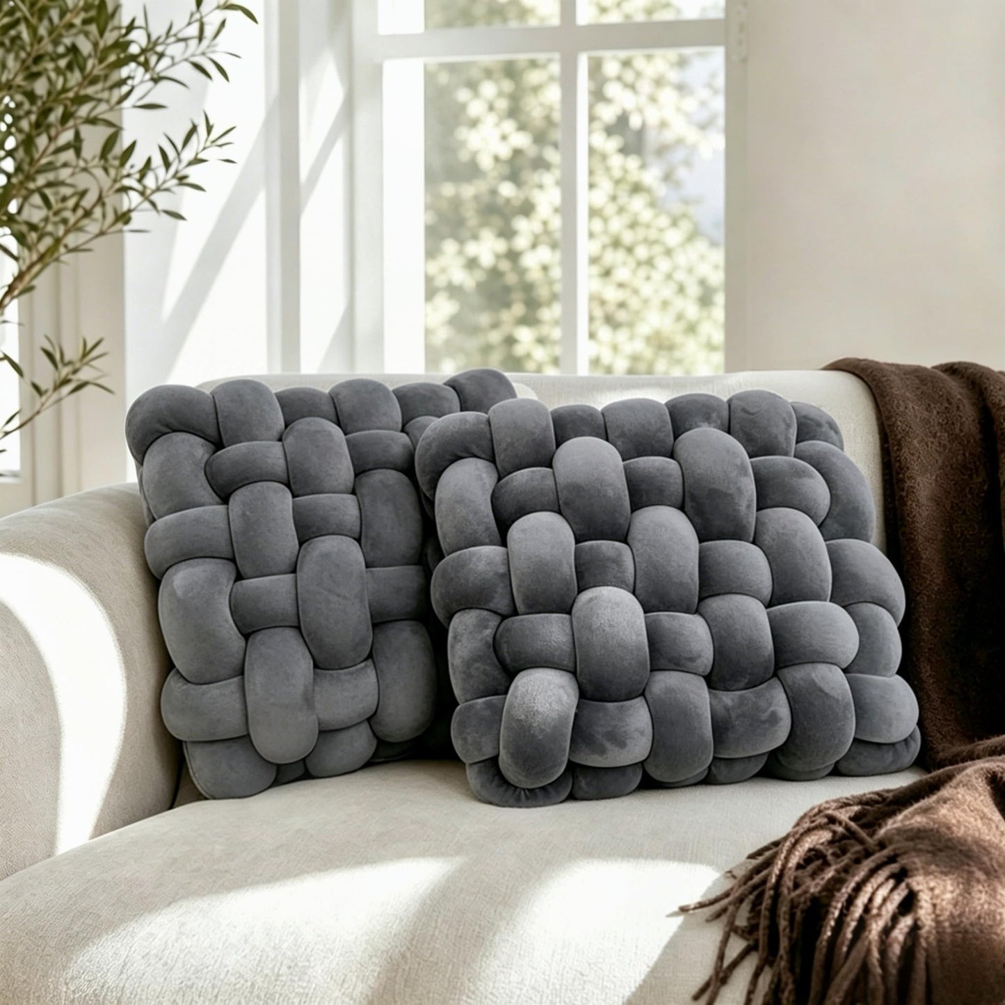 YLBKIKR 2PCS Decorative Knot Throw Pillows for Couch and Sofa, Soft Accent Pillows for Bed and Chair, Modern Home Decor for Living Room, Bedroom, Dorm and Nursery 12 inches * 13 inches (Dark Grey)