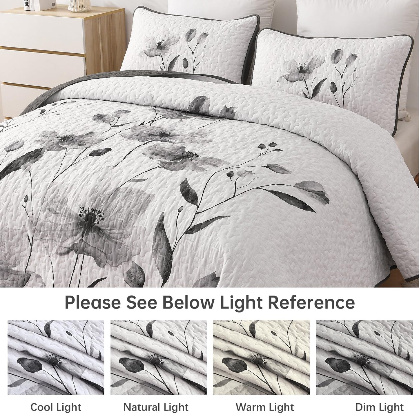 Mybedsoul Floral Quilt Set King Size, 3 Pieces Grey Bedspread Coverlet Set, Lightweight Farmhouse Botanical Bedding Set for Fall Winter All Season(104"x90")