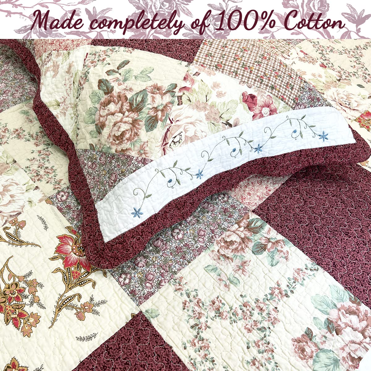 Cozy Line Home Fashions Floral Real Patchwork Burgundy Red Coral Pink Scalloped Edge Country 100% Cotton Quilt Bedding Set, Reversible Coverlet Bedspread (Georgia, Queen - 3 Piece)