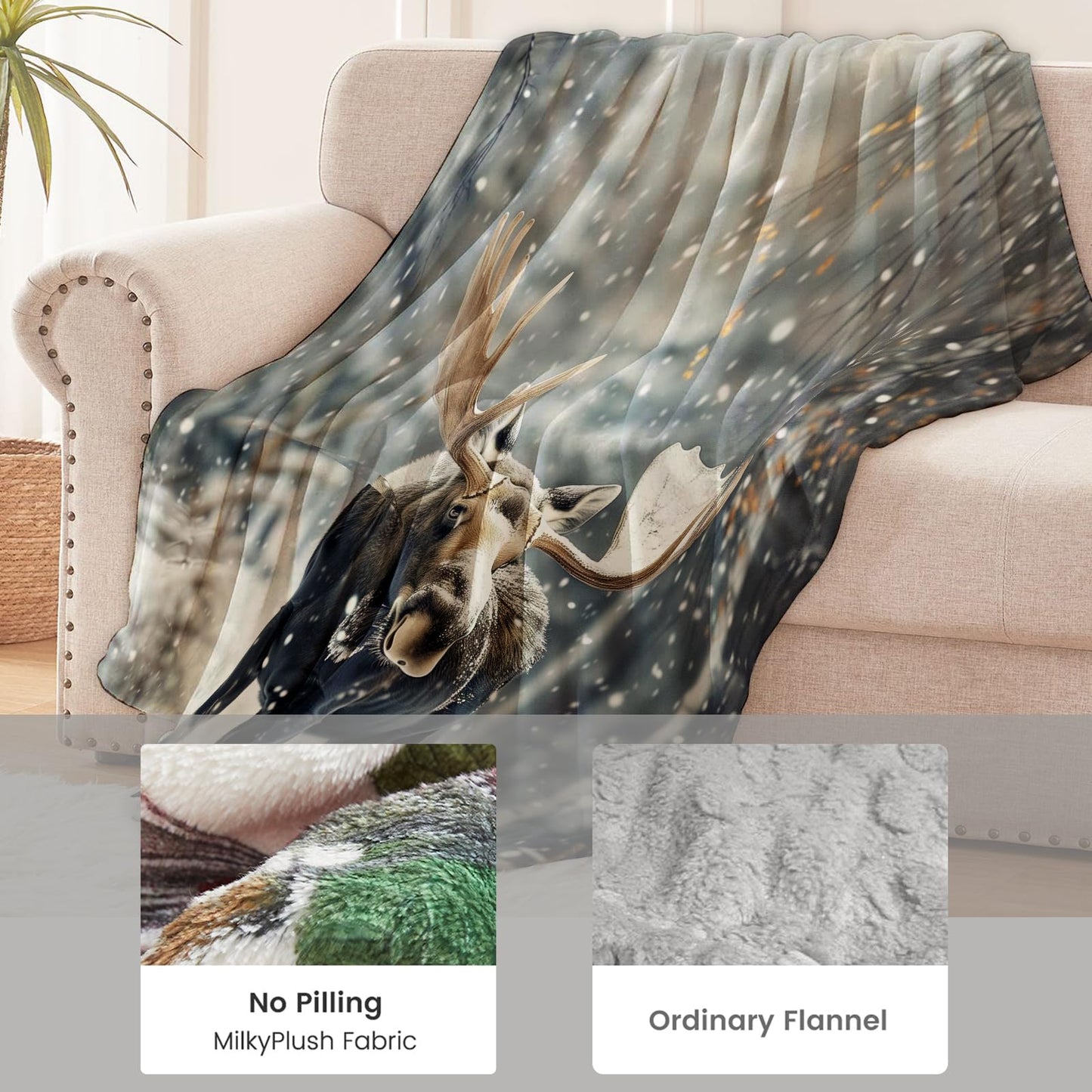 cromcu Moose Blanket for Kids and Adults, Wildlife Snow Scene, Soft Lightweight Throw, for Sofa, Bed, Traveling, Camping Winter Animal Decor Gifts, Single-Sided Printing, 50x60 Inches