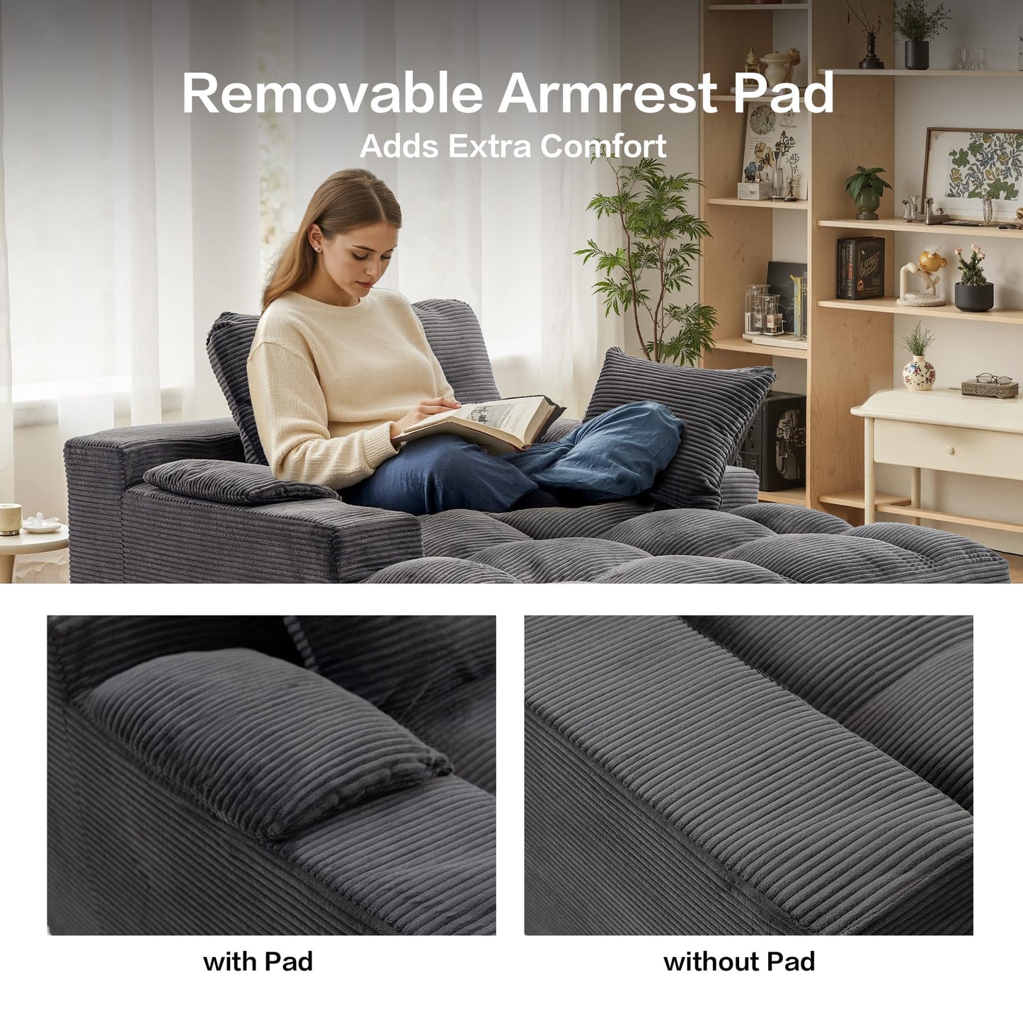 spanspace Chaise Lounge Chair Indoor, Oversized Sleeper Sofa Couch Bed with Removable Armrest Pads, Boneless Couch for Living Room, Bedroom
