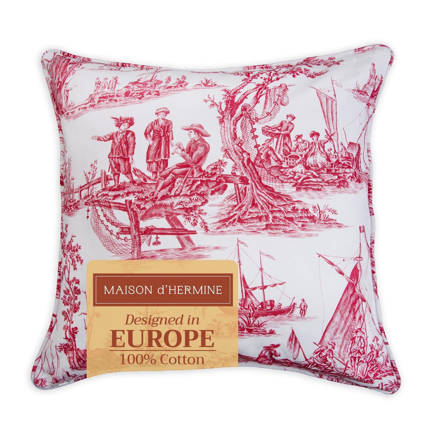 Maison d' Hermine Decorative Pillow Covers 18 x 18 inch Square 100% Cotton Toile Throw Pillow Covers with Invisible Zipper for Couch Chair Sofas Spring Summer (Calais - Red (White Base))