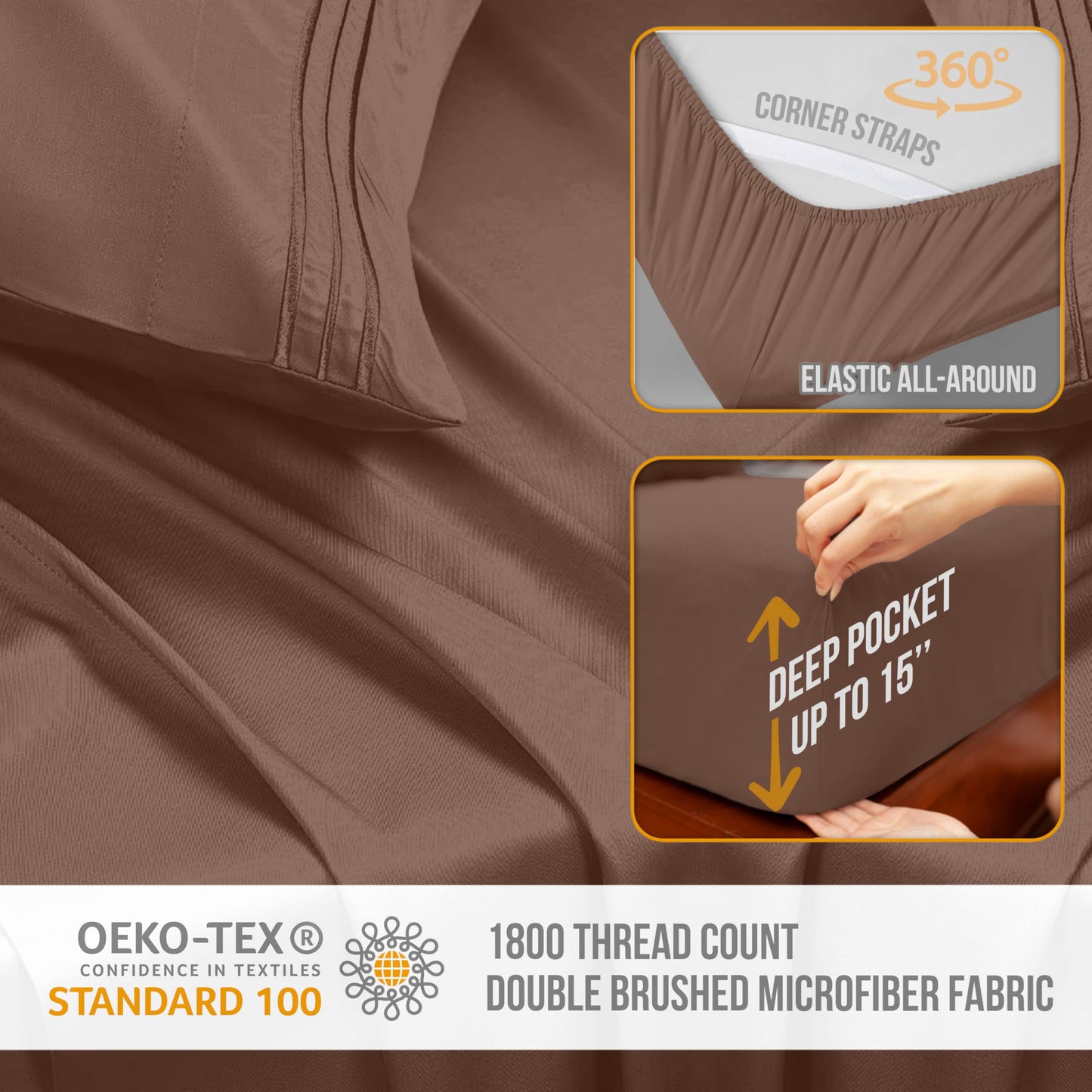 Abeero Home Full Size Bed Sheets Cooling - Luxury Hotel Sheet Set - Soft Sheets with Elastic Corner Straps - Deep Pocket Microfiber Bedsheets - Bedding Sheet & Pillowcases - 4 PC (Full Size, Brown)