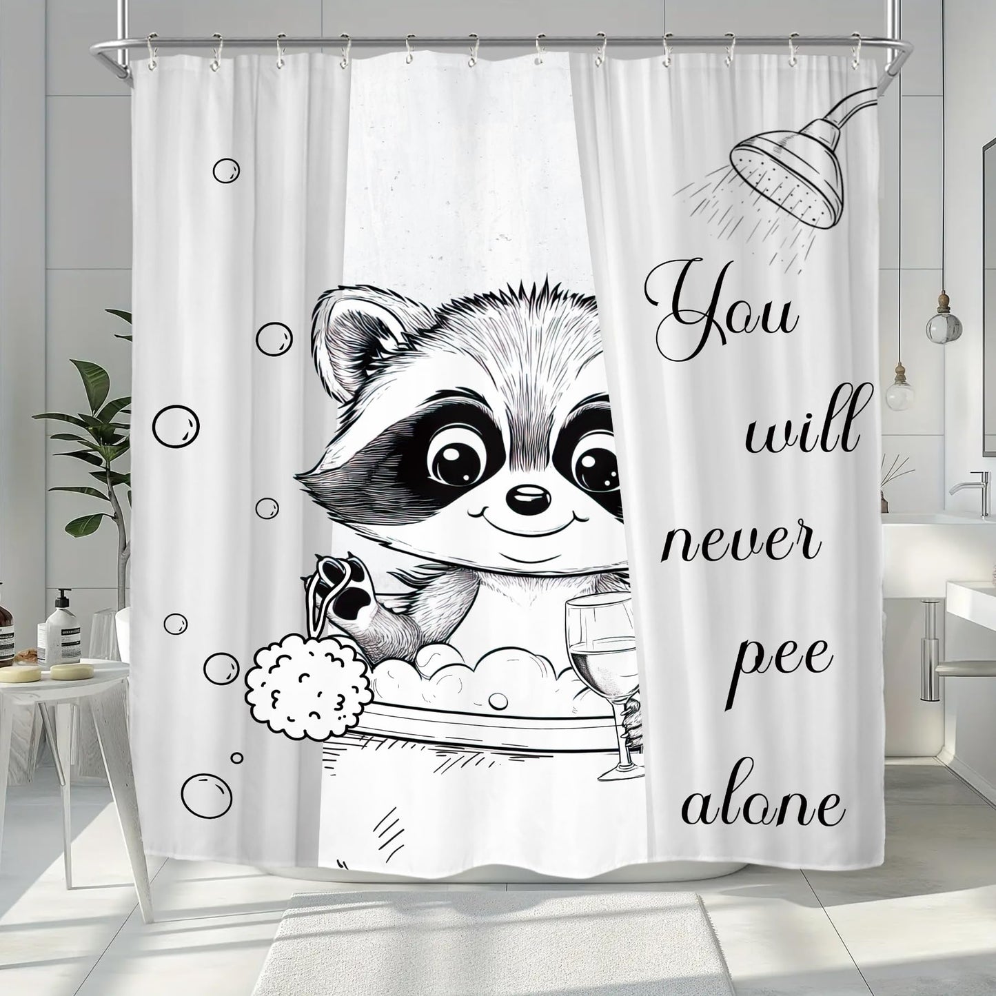 Miyotaa Funny Raccoon Animal Shower Curtain Set 60Wx71H Inches Hilarious Black White Kids Cute Interesting Waterproof Bathroom Curtain with 12 Hooks