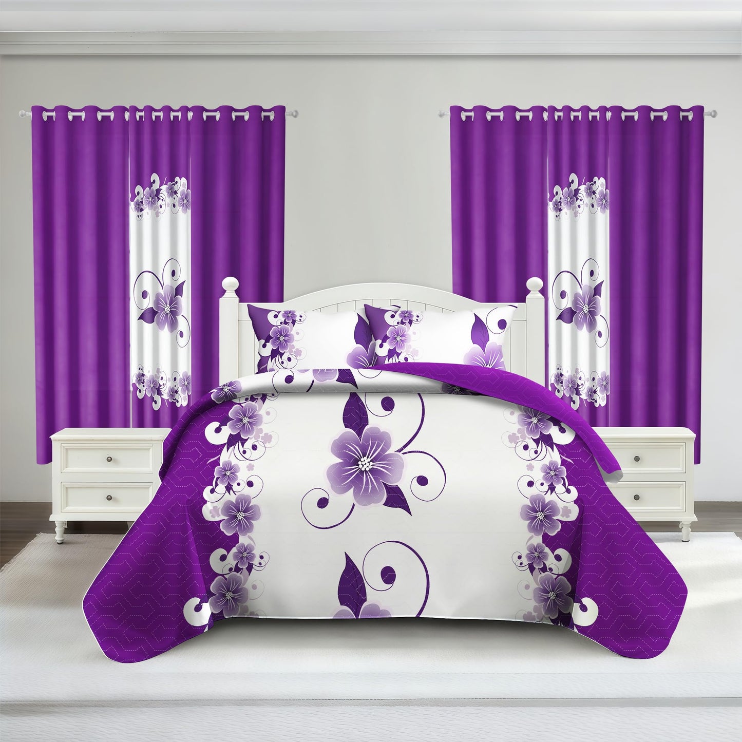 Deepsleep King Bedspread Set 9 Pieces, All Season Luxury Bed in a Bag for Bedroom, with 2 Pillowcases and 6 Curtains, Ultra-Soft Microfiber for Complete Bedroom Decor, Purple Gardenia Flower