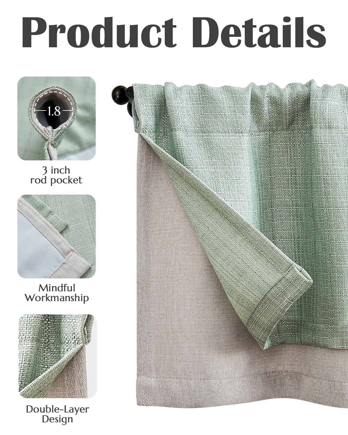 jinchan Faux Linen Valance Kitchen Curtain Light Filter Double Layer 18in