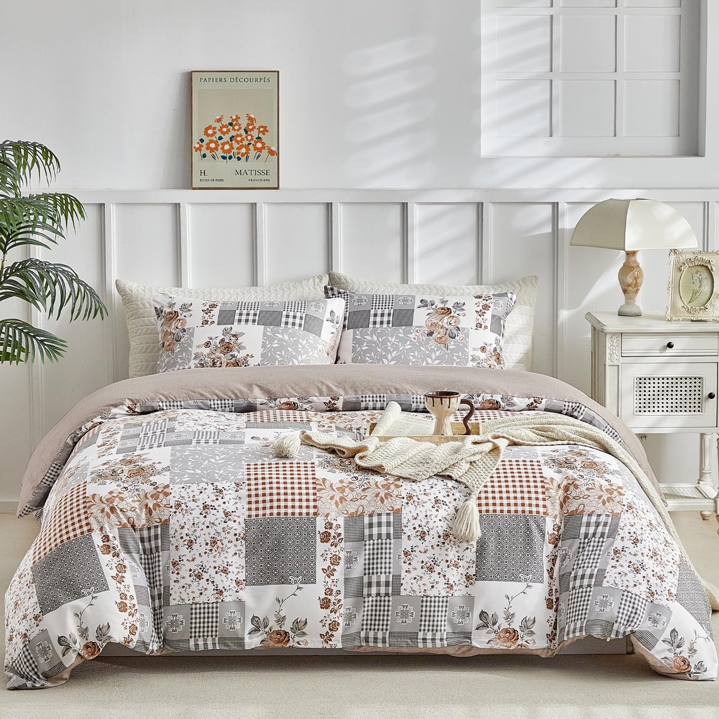 Lekesky King Size Duvet Cover Set, Patchwork Floral 3 Pieces Reversible Grey Duvet Cover Set, Ultra-Soft Microfiber 3 Pieces Comforter Cover with Zipper and Corner Ties, Includes 2 Pillowcases