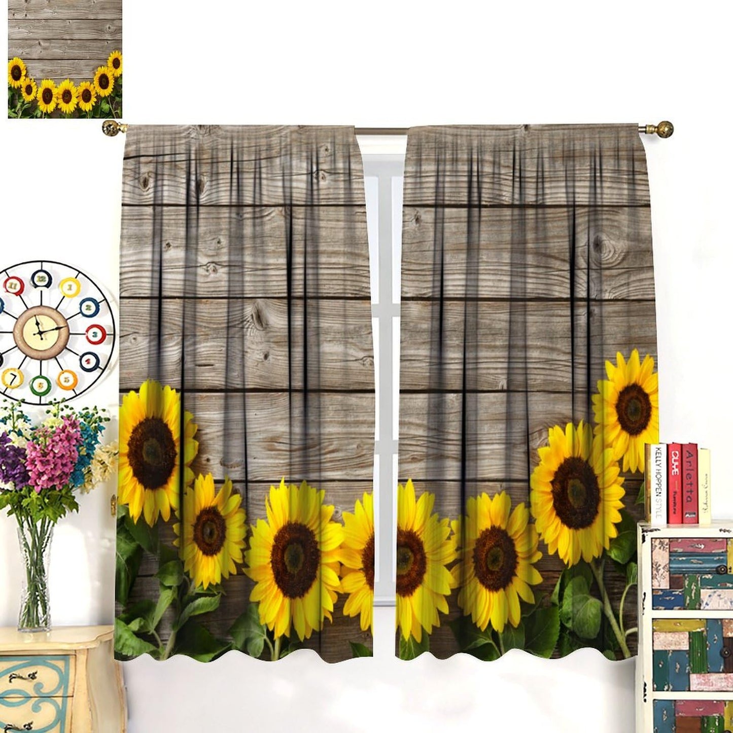 Focusbrite Sunflower Window Curtains,Rustic Country Flower Art Printed Window Drapes for Living Room Bedroom Kitchen Home Set 2 Panels,42x45 Inches