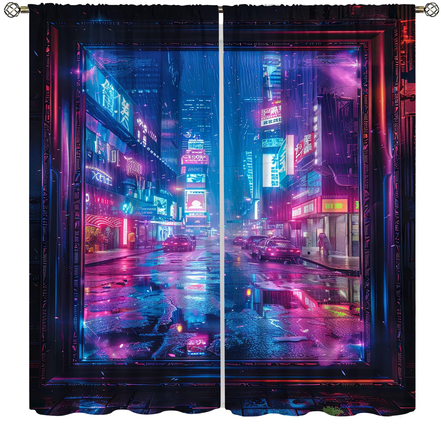 VUMIVI Cyberpunk Game Curtains Blue Futuristic Cityscape Skyscrapers Streets Car Wooden Frames Rod Pocket Window Treatments for Kids Boys Girls Gaming Bedroom Sci-Fi Tech Expo 42" W X 44.5" L