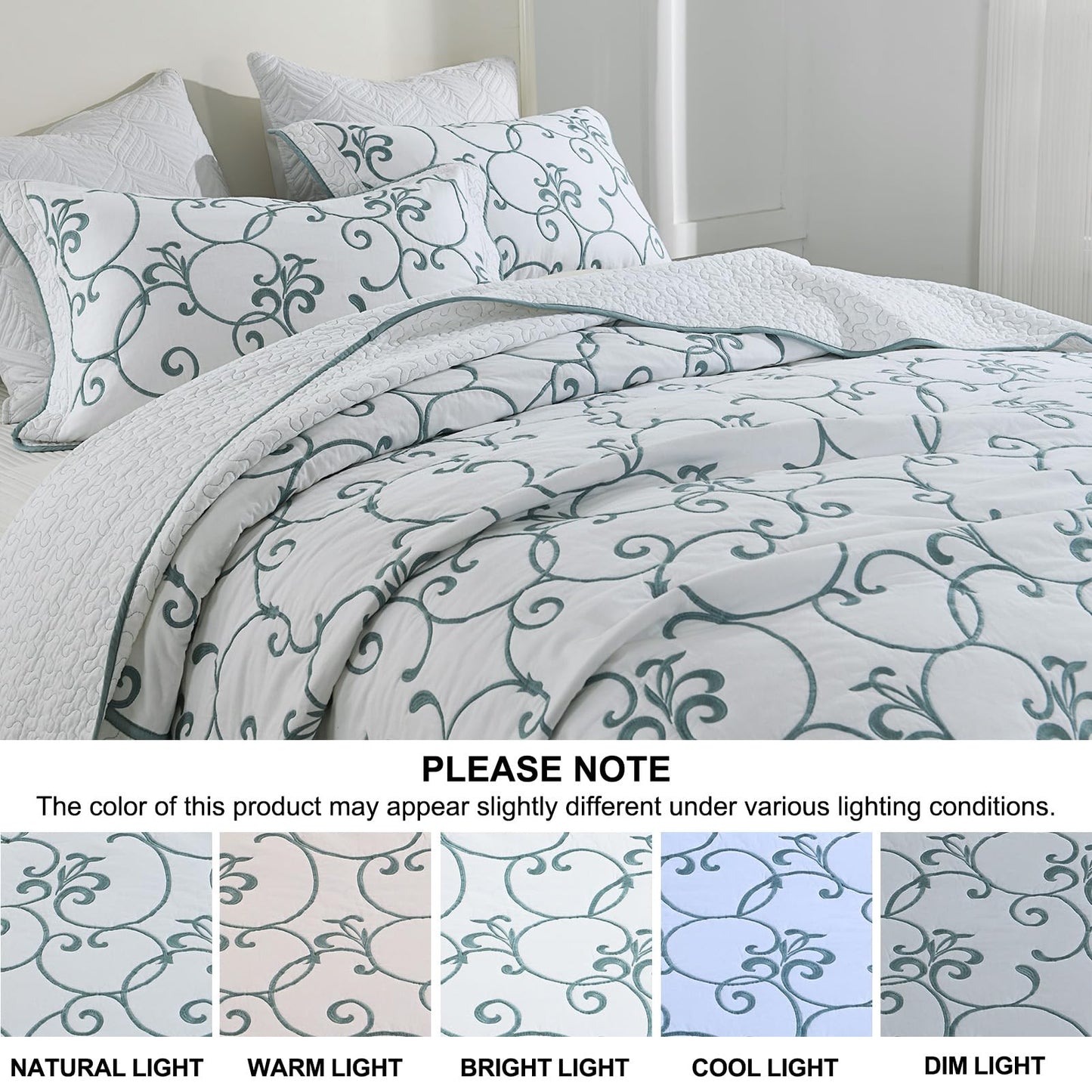 FineStichery Oversized King Bedspread 128"x120" - 100% Cotton California King Quilt, Embroidered Bedspread Coverlet with Pillow Shams, Lightweight Quilted Bedding Set 3 Piece, Aqua Blue/White
