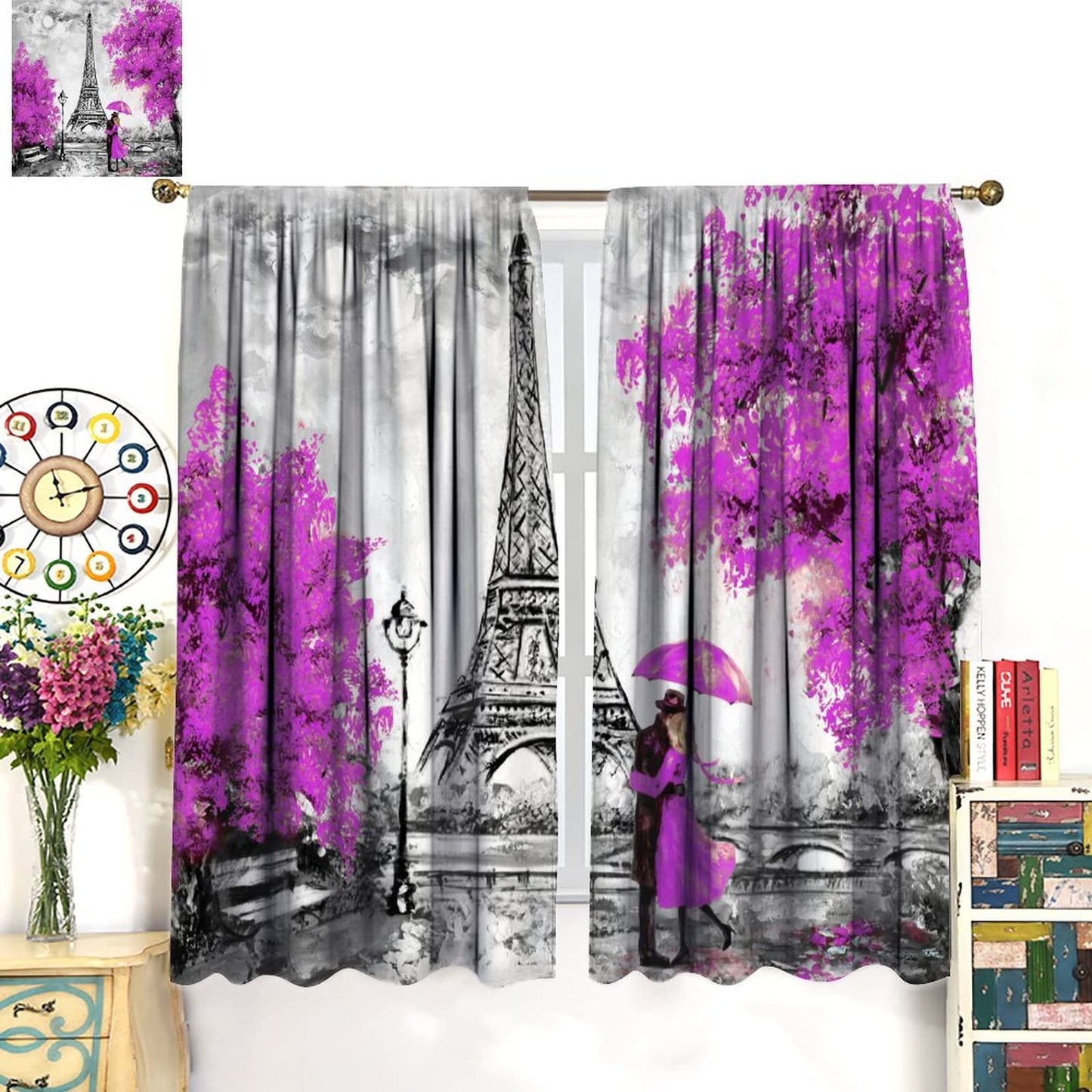 Paris Curtains,European City Landscape Oil Painting Eiffel Tower Printed Window Treatments for Bedroom Living Room Kitchen Café Window Drapes 2 Panel Set,Overall Size 42" x 45"