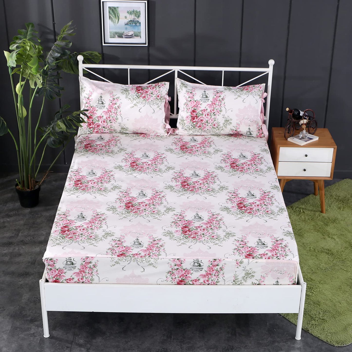 FADFAY Floral Bed Sheets 4Pcs Twin XL 100% Cotton Deep Pocket Fitted Sheet Sets Lightweight Soft Rose Bed Sheets for Girls All-Season Use