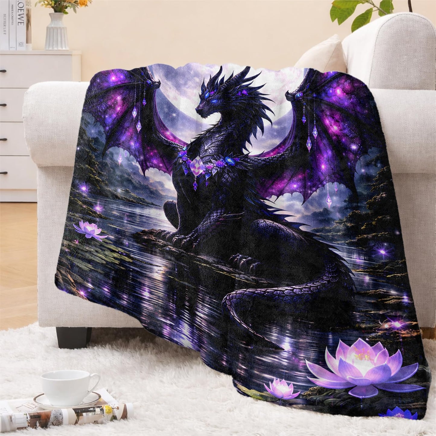 cromcu Moon Dragon Flannel Throw Blanket, 50x60in, Soft Warm Cozy Blankets with Majestic Creatures and Lotus Lake, Fantasy Gifts for Girls Dragon Lovers, Home Decor Dorm Office Travel Camping