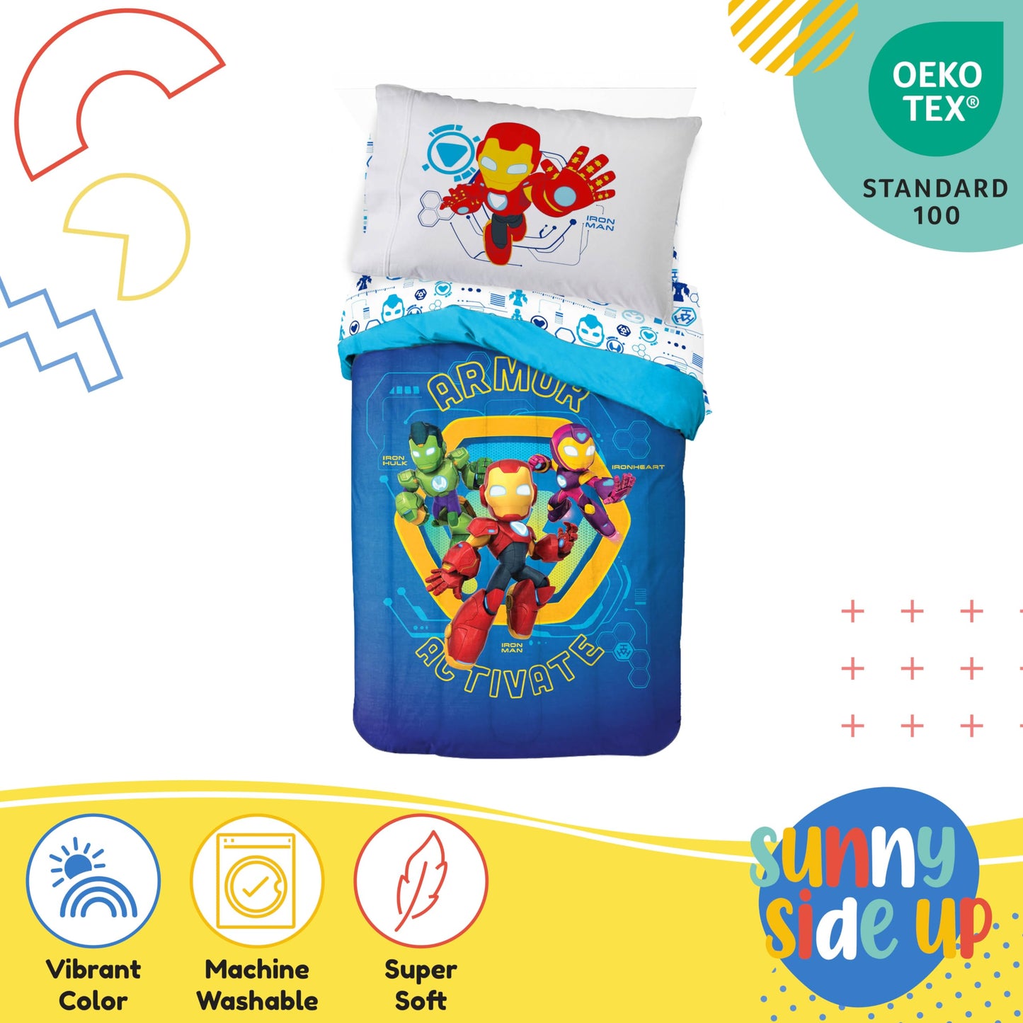 Sunny Side Up Kids Comforter Set Includes Sheets and Pillow Covers - Soft and Cozy Bed Set for Stylish Room Decor, Blue - Iron Man and His Awesome Friends, 4 Piece Toddler Bed Frame Size Bedding