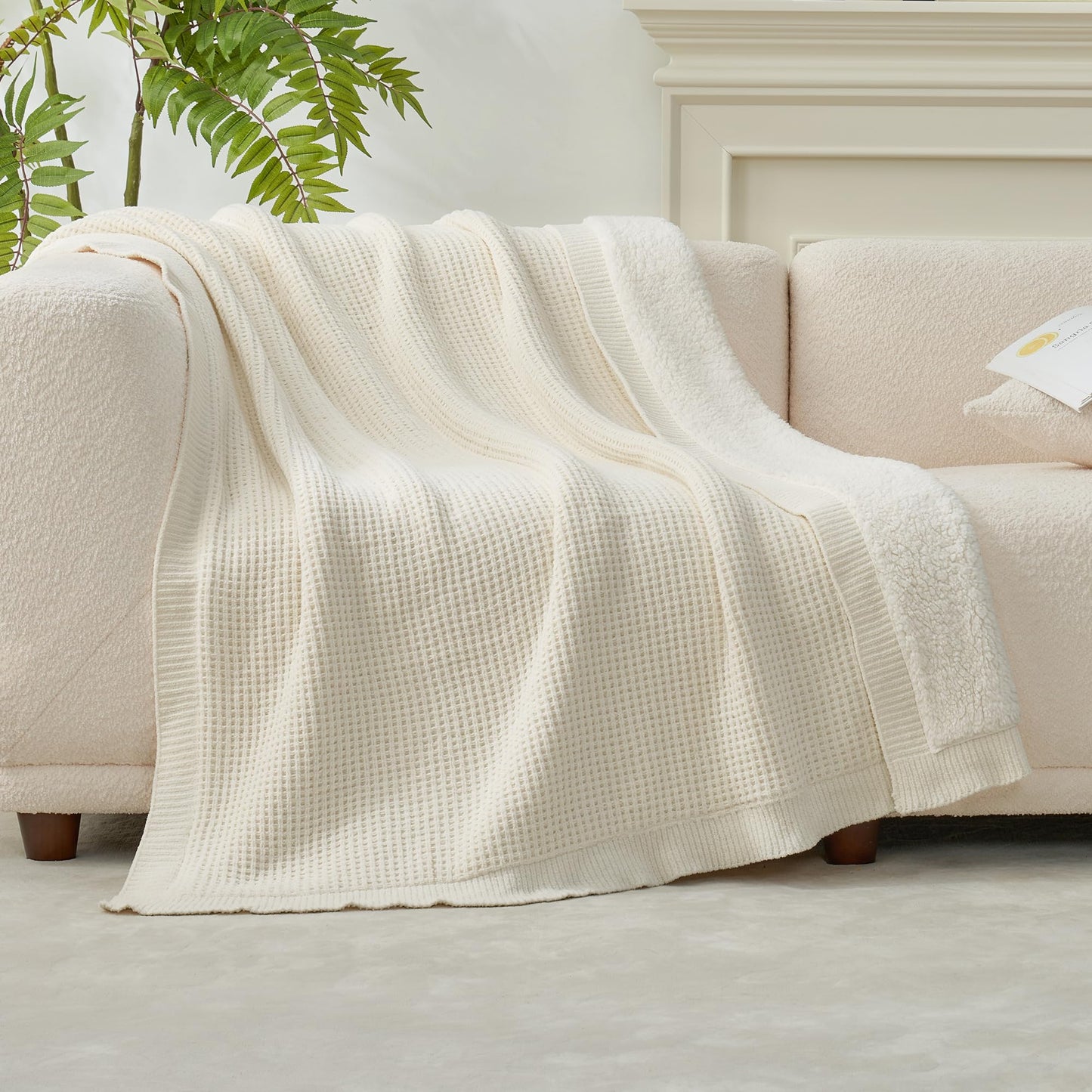 Amélie Home Reversible Waffle Weave Throw Blanket, Chenille Knit with Warm Sherpa, Soft Cozy Blanket for Couch, 50"x60", Ivory