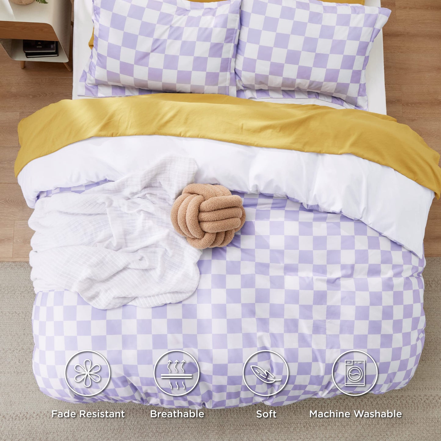 Bedsure Duvet Cover King Size - Reversible Checked Plaid Duvet Cover Set with Zipper Closure, 3 Pieces Purple Bedding Set with 8 Corner Ties and 2 Pillow Shams 20"x36"