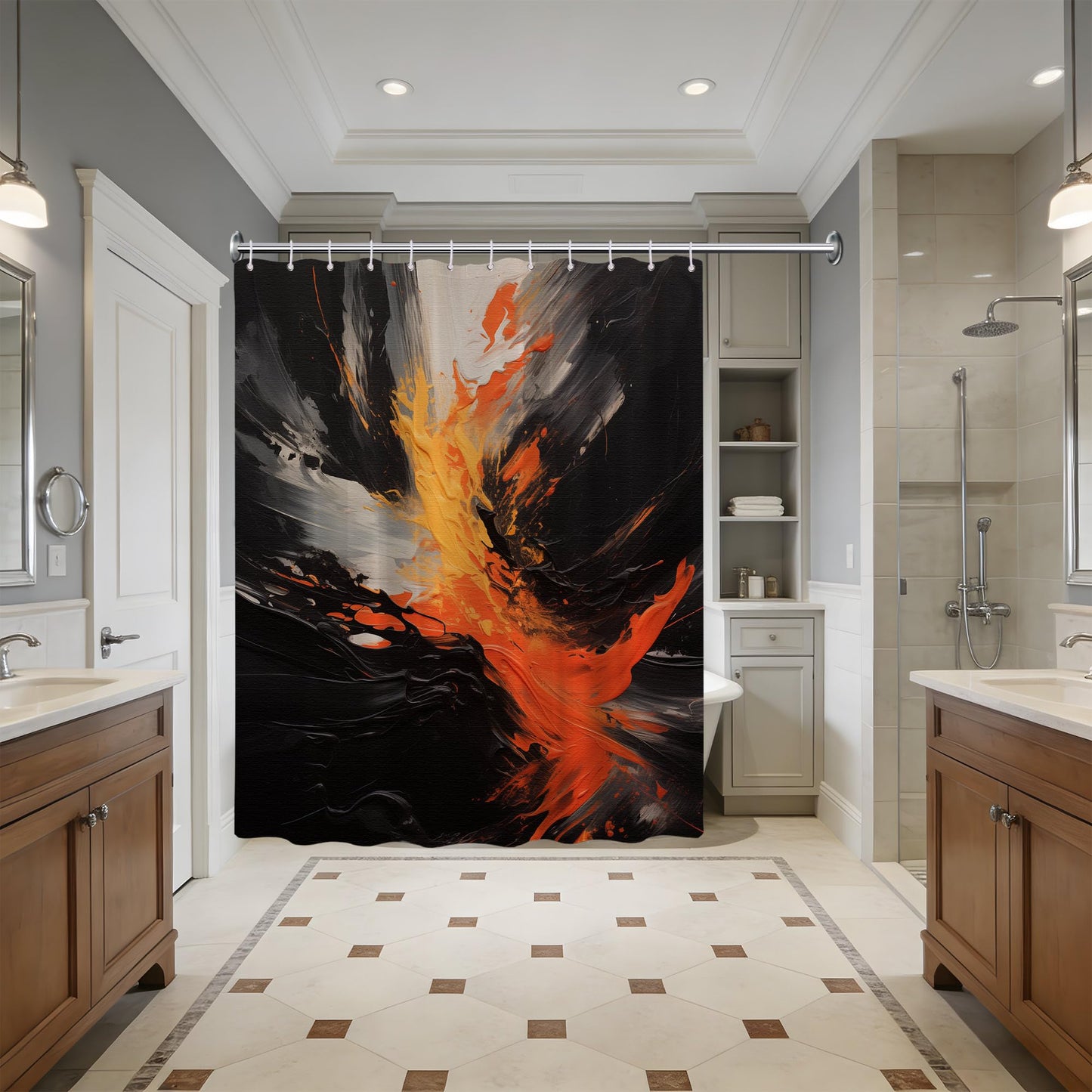dueeia Orange and Black Shower Curtain Orange Abstract Art Painting Shower Curtains for Modern Bathroom Decor, Waterproof Fabric 70 x 72 inch with Hooks