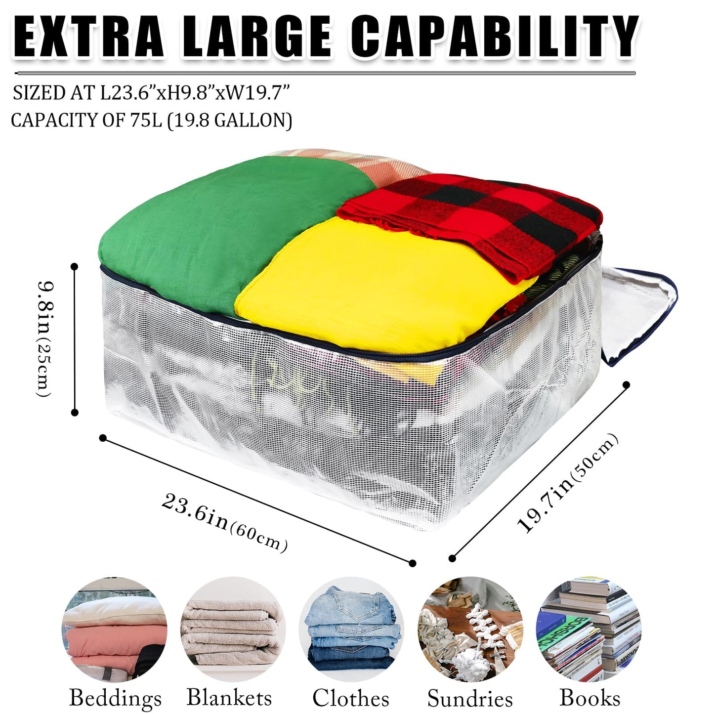 Ineetatu Clear Storage Bags with Zipper, 75L Extra Large Capacity - Closet, Underbed Storage Organizer for Clothes, Bedding, Comforter, Toys, Pillow & Blanket, 3 Pack