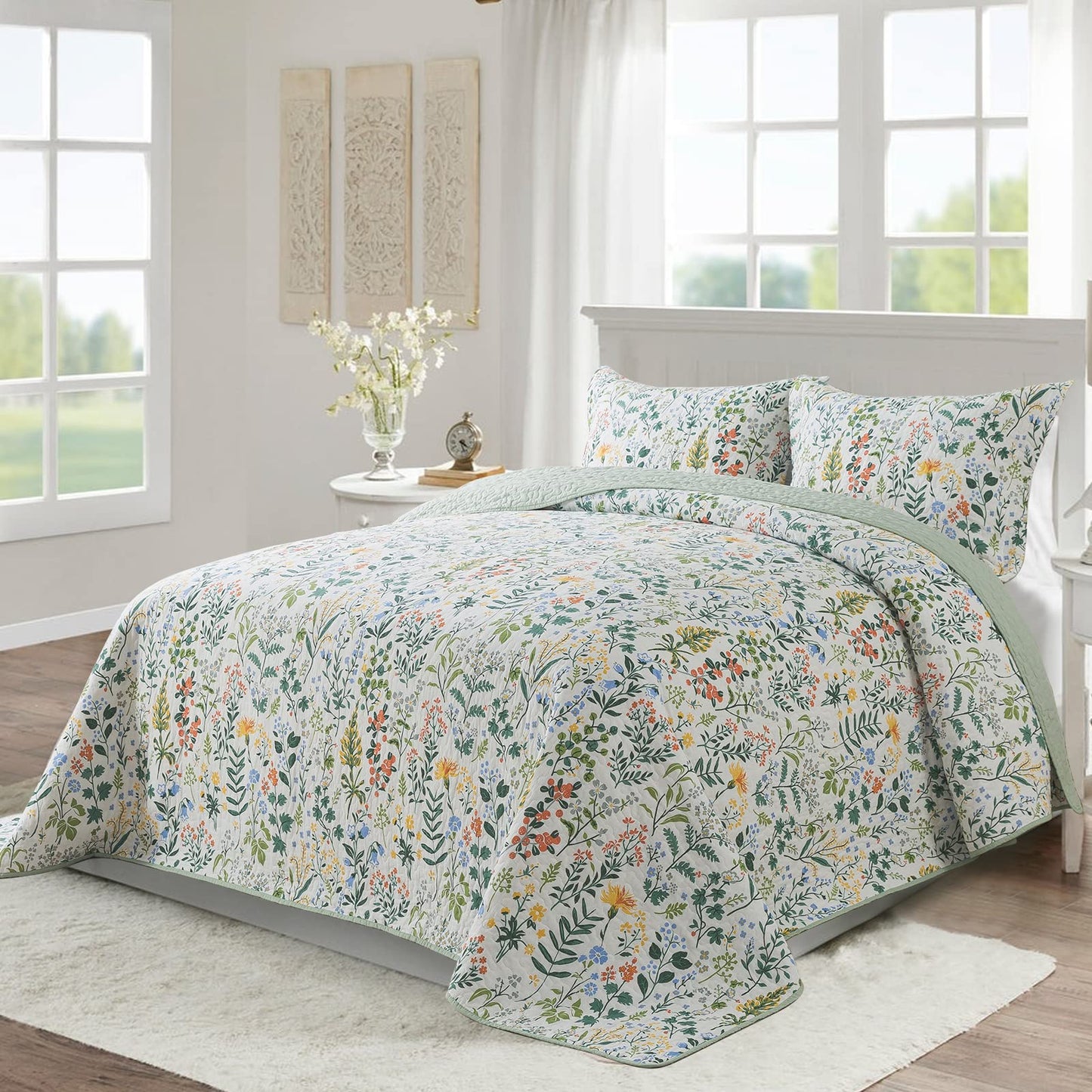 NEWLAKE Cotton Bedspread Quilt Sets-Reversible Patchwork Coverlet Set, Green Classic Floral Pattern, Queen Size