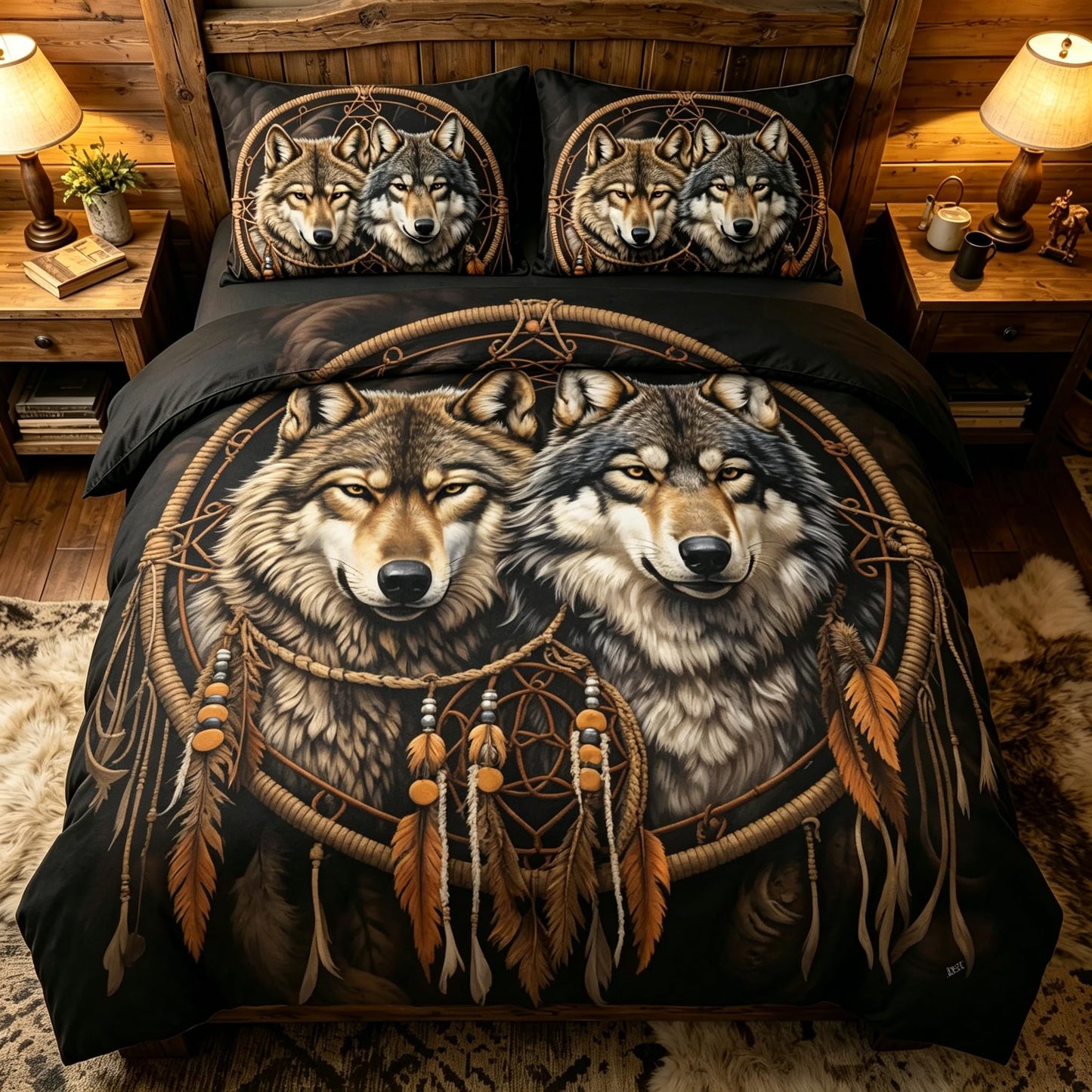 CCoutueChen Black Wolf Comforter Set Queen Size, Cabin Lodge, Wildlife Animal Print Bedding Set with Dreamcatcher, Soft Microfiber Lightweight Comforter,3 Pcs 2 Pillowcases/90 x90