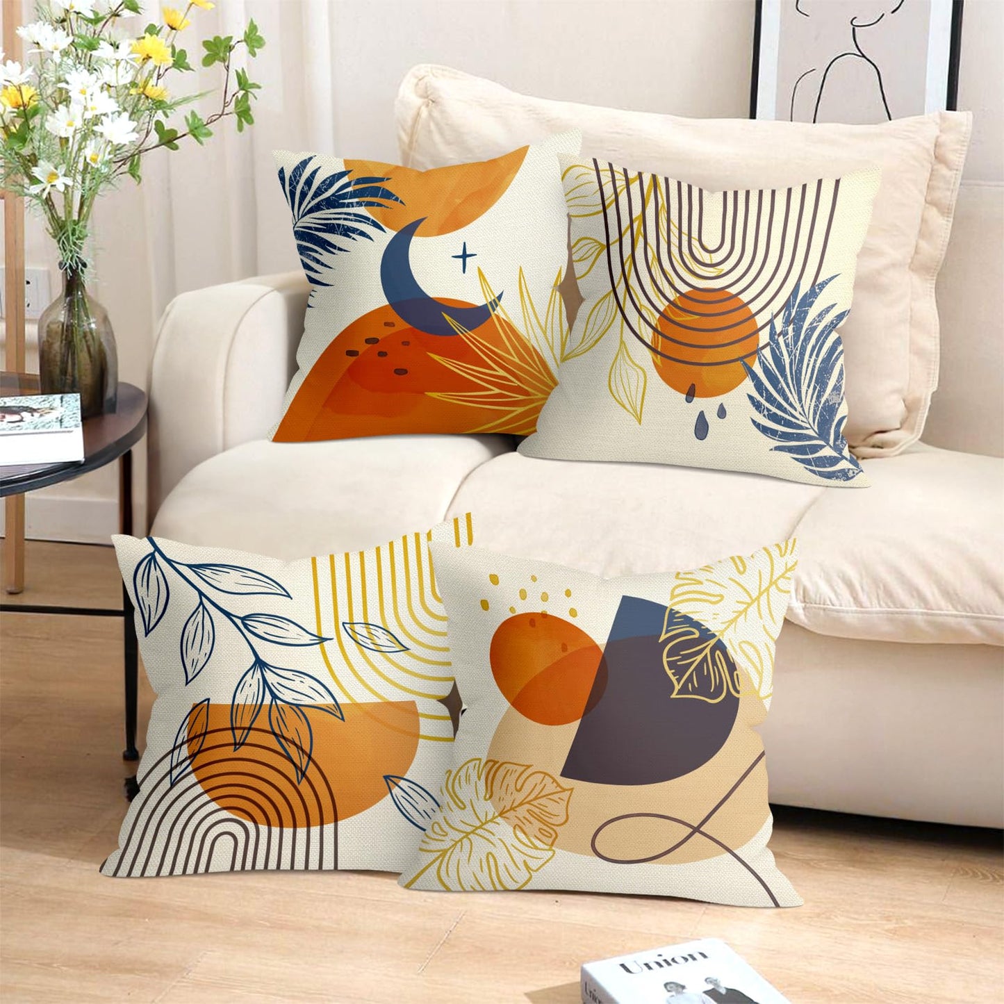 Joymaison Boho Geometry Line Throw Pillow Covers 18x18 Inch Set of 4 Mid Century Abstract Modern Art Aesthetic Cushion Covers Home Decor for Sofa Couch Bed Cushion Cases
