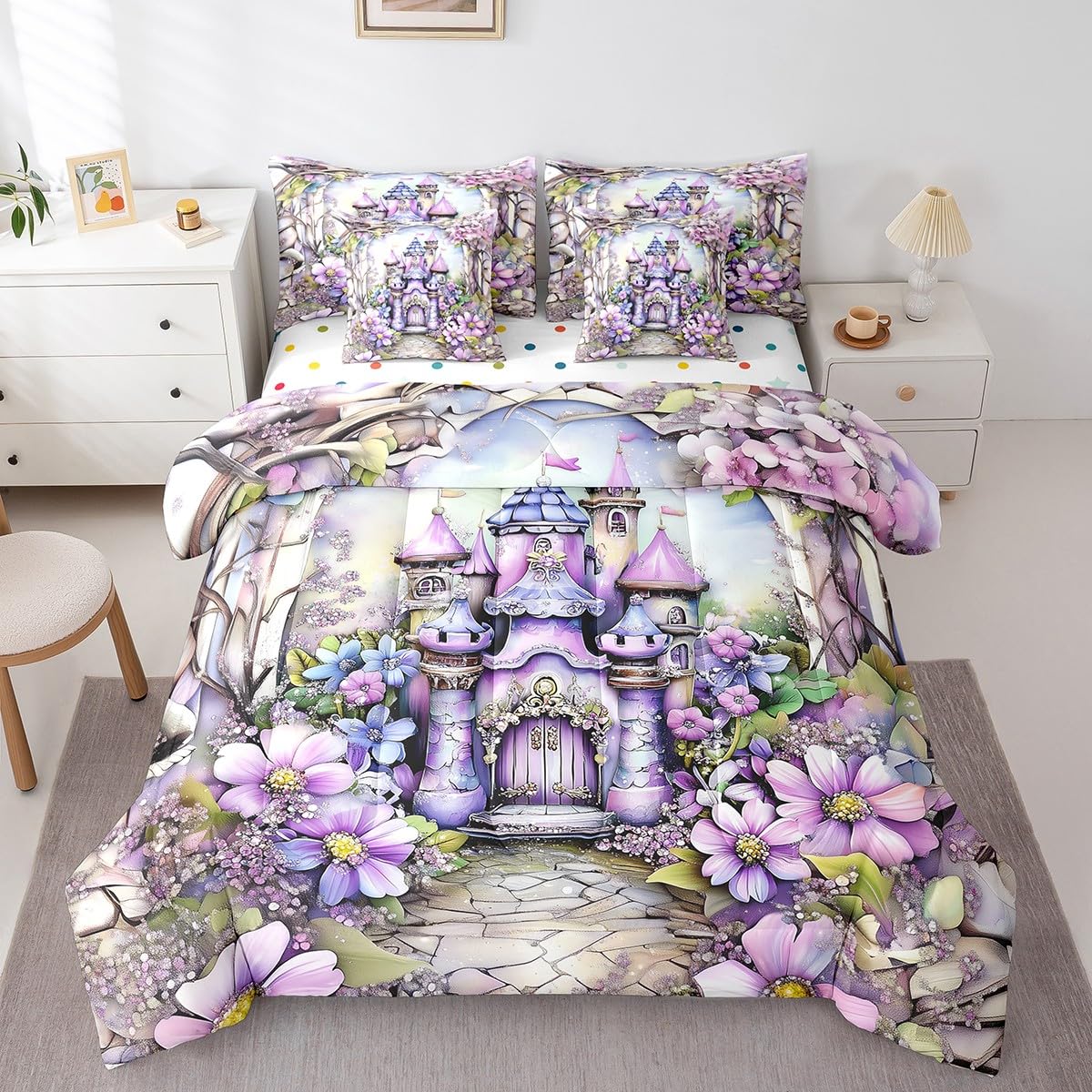 Feelyou Boys Girls Princess Bed in A Bag Queen Size, Dreamy Castle 7 Pieces Bedding Set Romantic Comforter Set with Sheets Kids Floral Flower Teens Bed Set Bedroom Decor 7Pcs