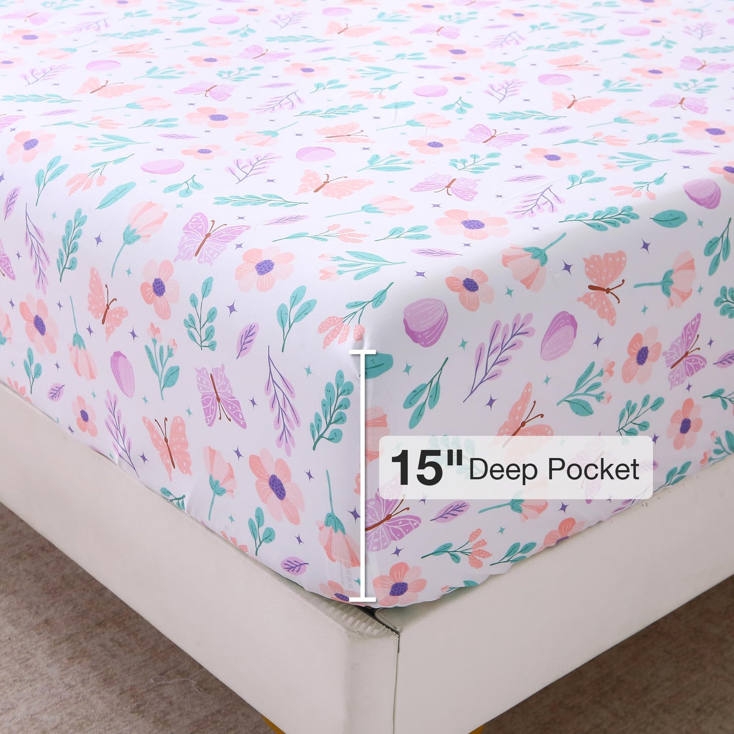 Viviland Floral Twin Sheet Set - 3 Piece Pink-Purple Butterfly & Flower Botanical Patterned Bed Sheets - Soft, Breathable Microfiber Sheets with Deep Pocket, Non-Slip Fitted Sheets & Pillowcases