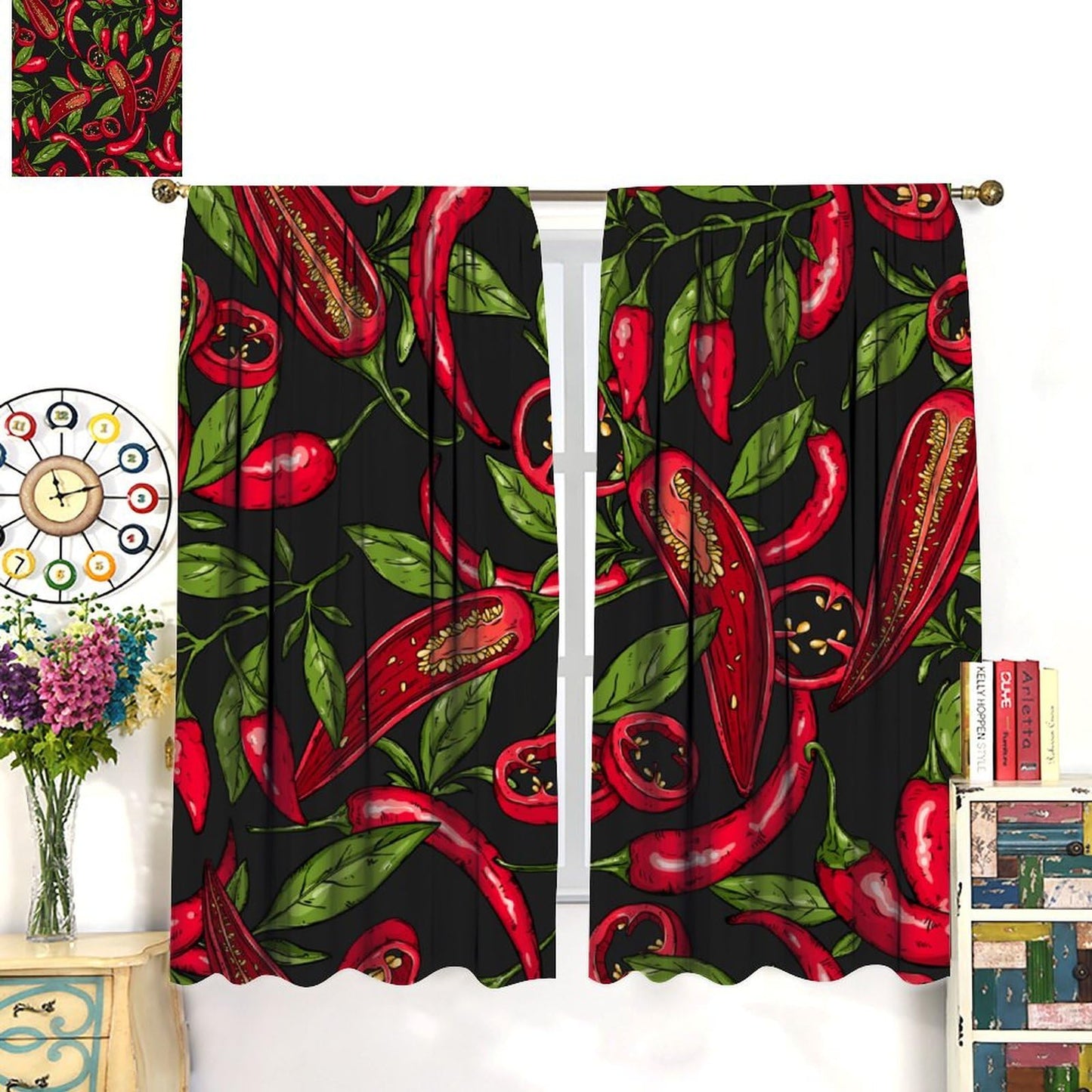 BenYaSong Chilli Long Decor Window Curtain，Mexican Hot Slices Halves Pieces Organic Healthy Farm Agriculture Leaf for Home Kitchen Restaurant Decoration Window Curtain 2Panel 42" W X 45" L