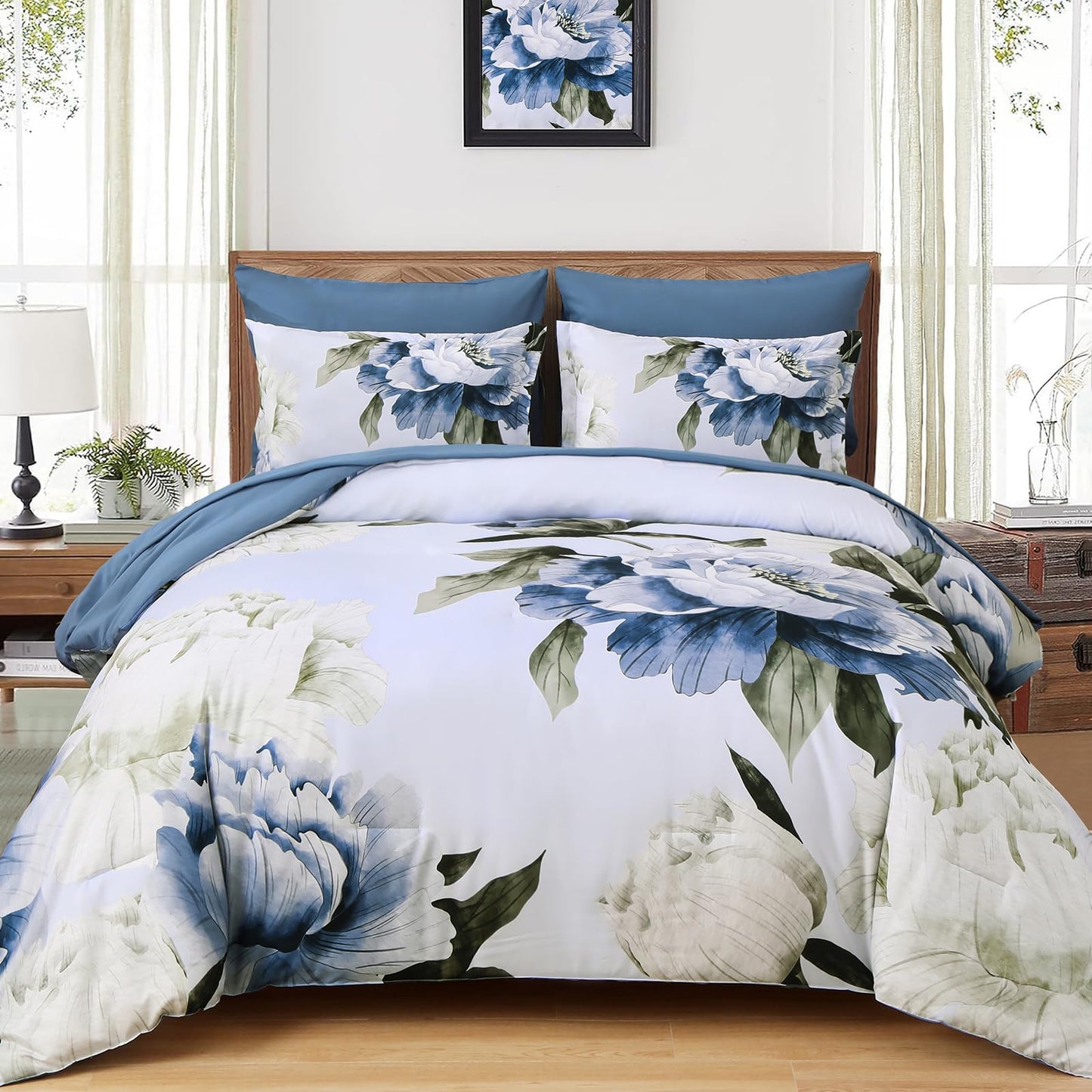 Dobuyly Blue Twin Comforter Set 5 Piece Bed in a Bag Twin Size, Blue Floral Print on Light Blue Comforter Set with Sheets, Soft Microfiber Complete Bedding Set for All Season